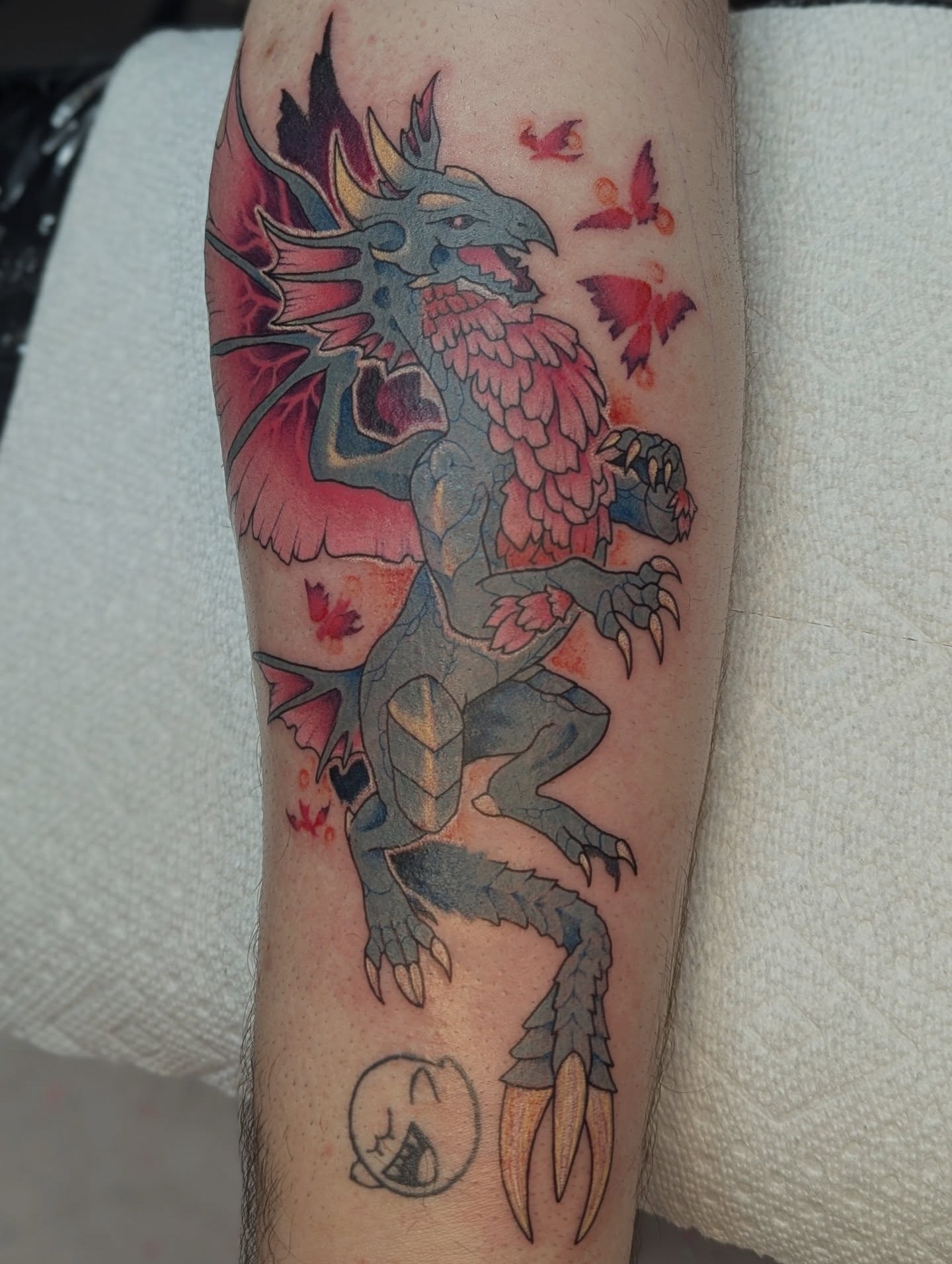 Dragon new school tattoo on the forearm by Spencer Jennings, Westland, Michigan