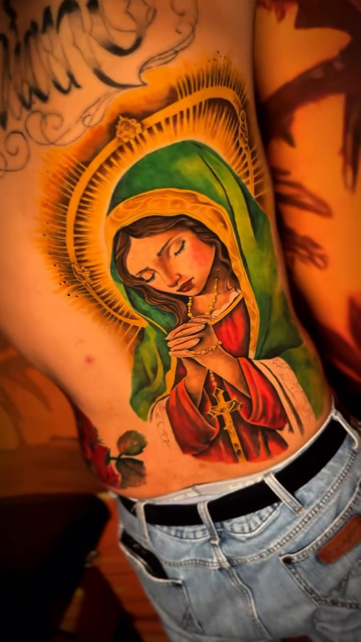 Virgin Mary and roses japanese irezumi tattoo by Sacramento Tattoo Artist Ryan