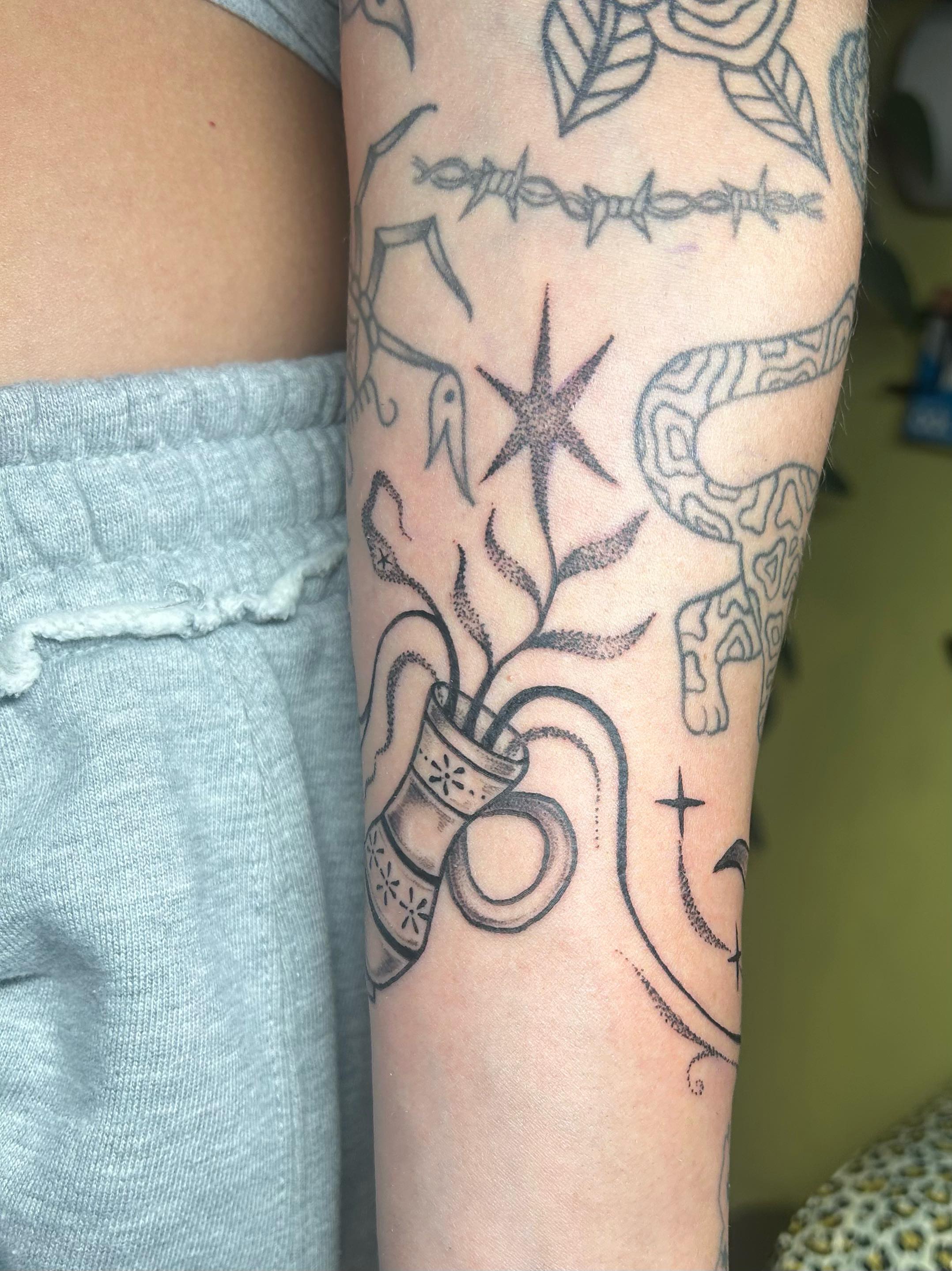 Cross and barbed wire dotwork tattoo on the forearm by ✧✦ ☻ ✦✧