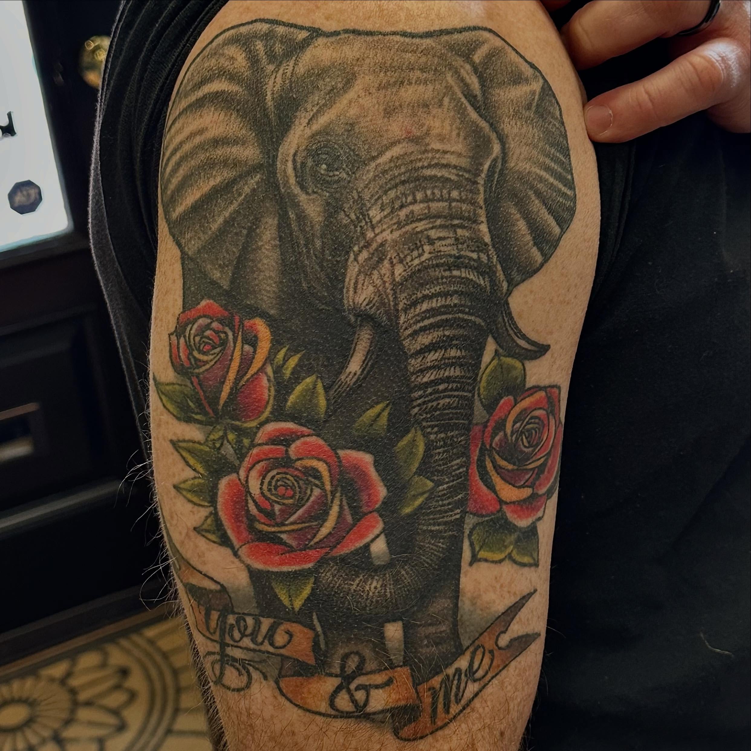 Elephant and roses realism tattoo on the forearm by Dylan Curry