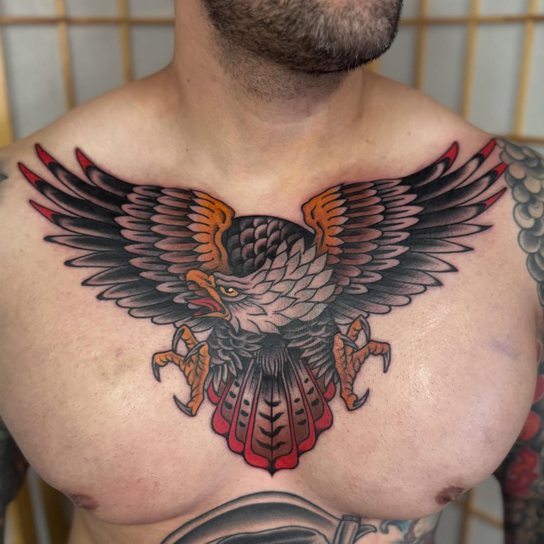 Eagle American traditional tattoo on the chest by ⚔️ 𝕬𝖓𝖞𝖆 𝖁𝖎𝖈𝖙𝖔𝖗𝖎𝖆 ⚔️, Fairfax, Virginia