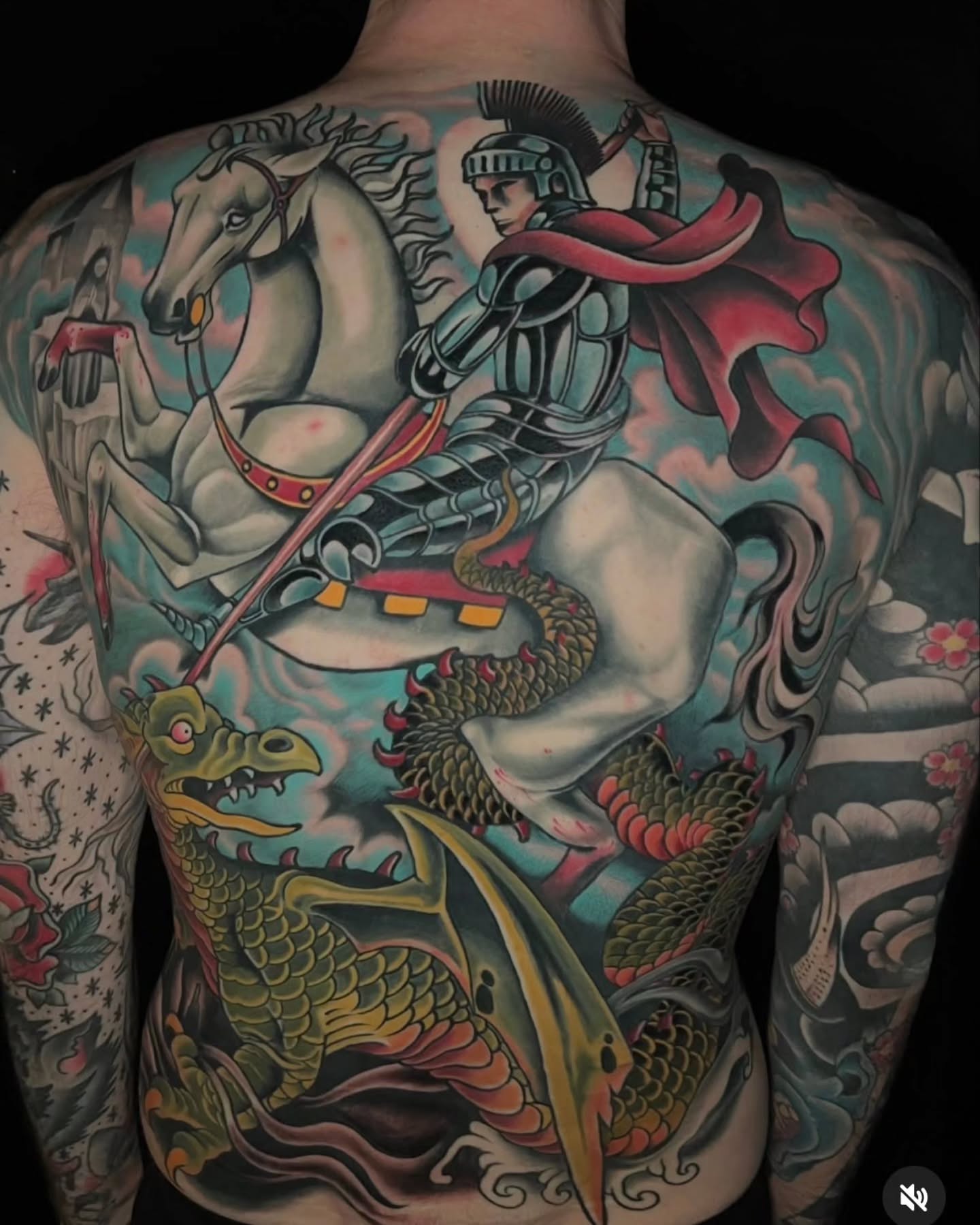 St george slaying dragon American traditional tattoo on the back by JoshUA Bowers, Des Moines, Iowa