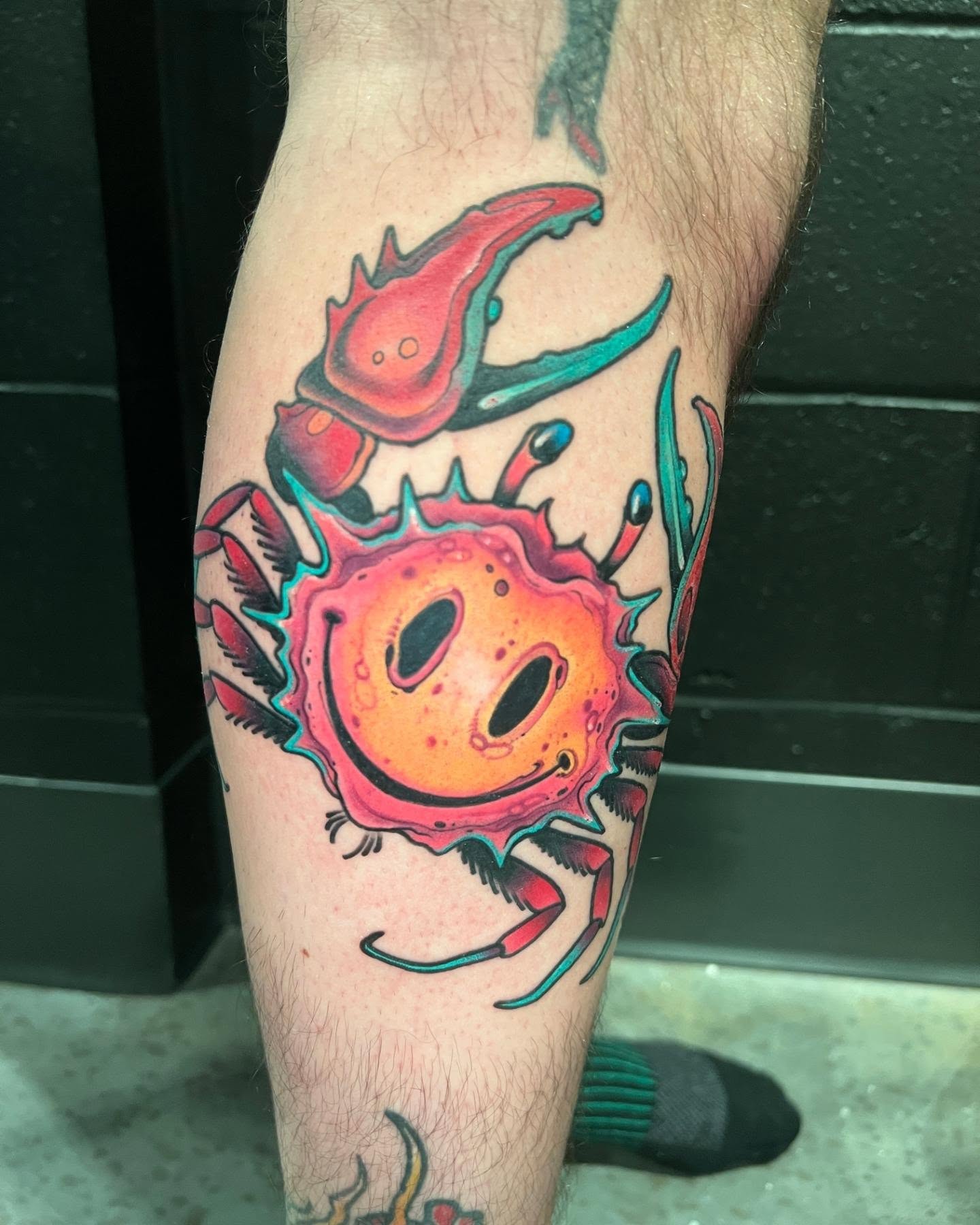 Crab new school tattoo on the forearm by JoshUA Bowers, Des Moines, Iowa