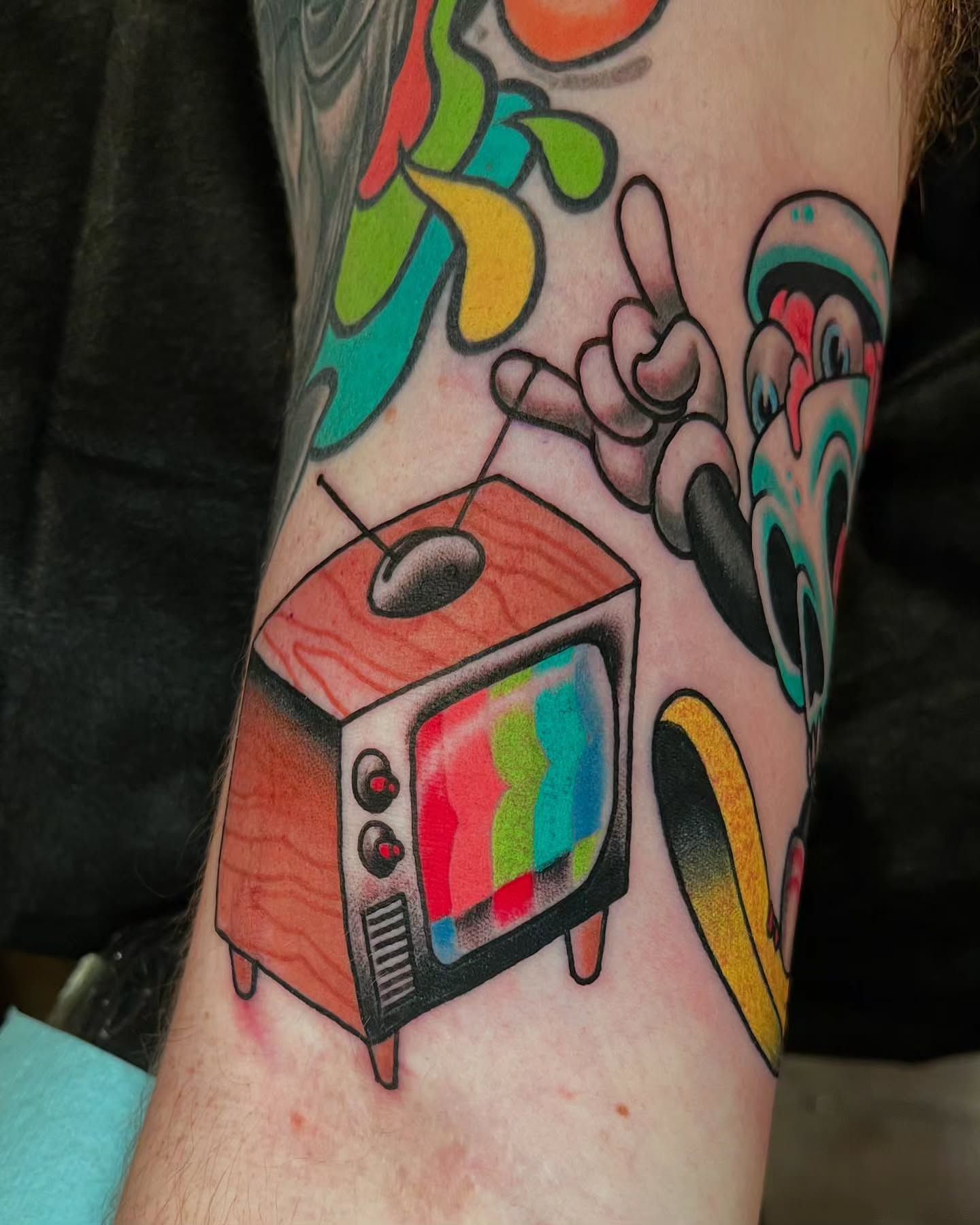 Retro television new school tattoo on the forearm by JoshUA Bowers, Des Moines, Iowa