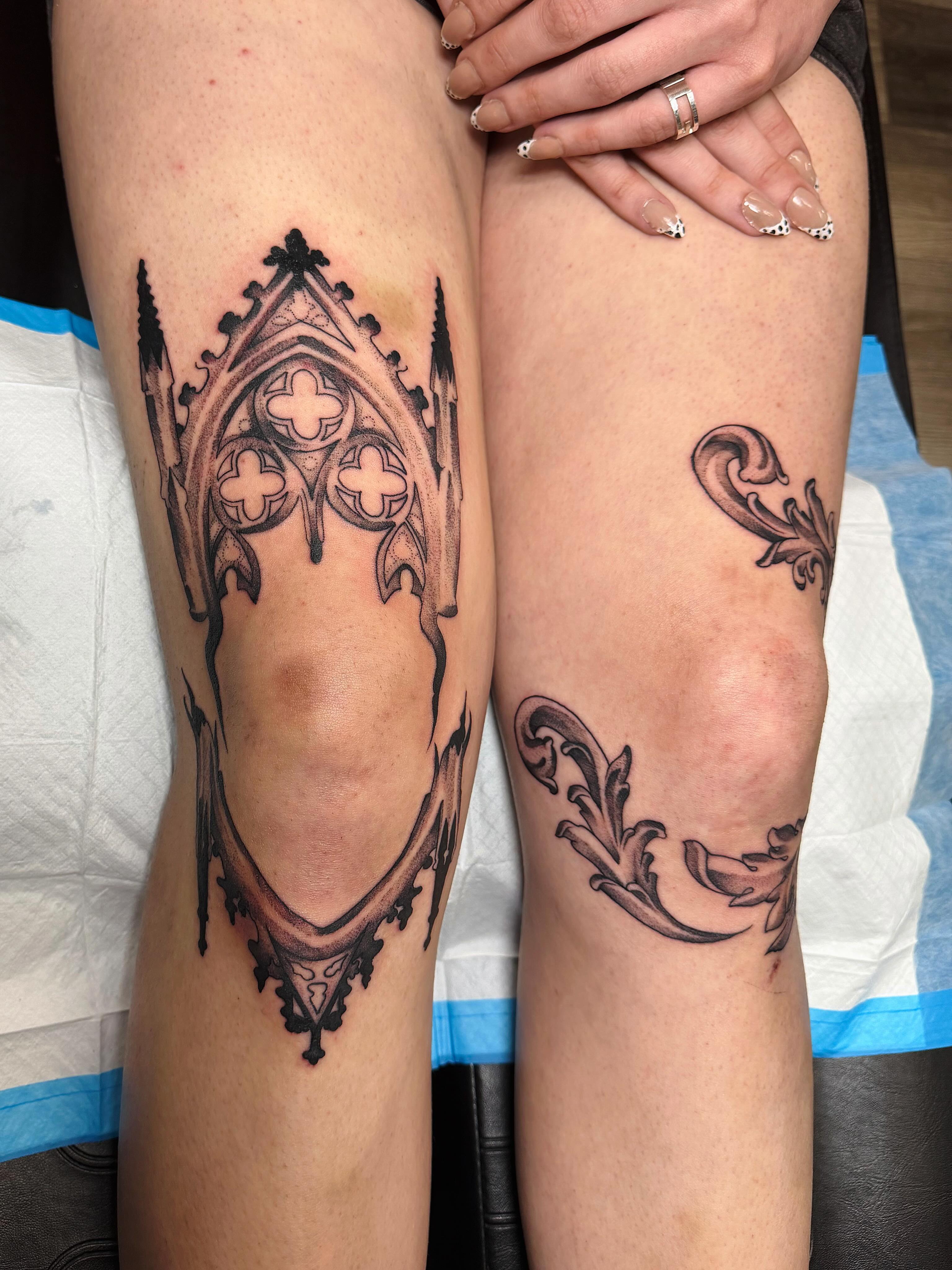 Gothic window black and grey tattoo on the thigh by Emily