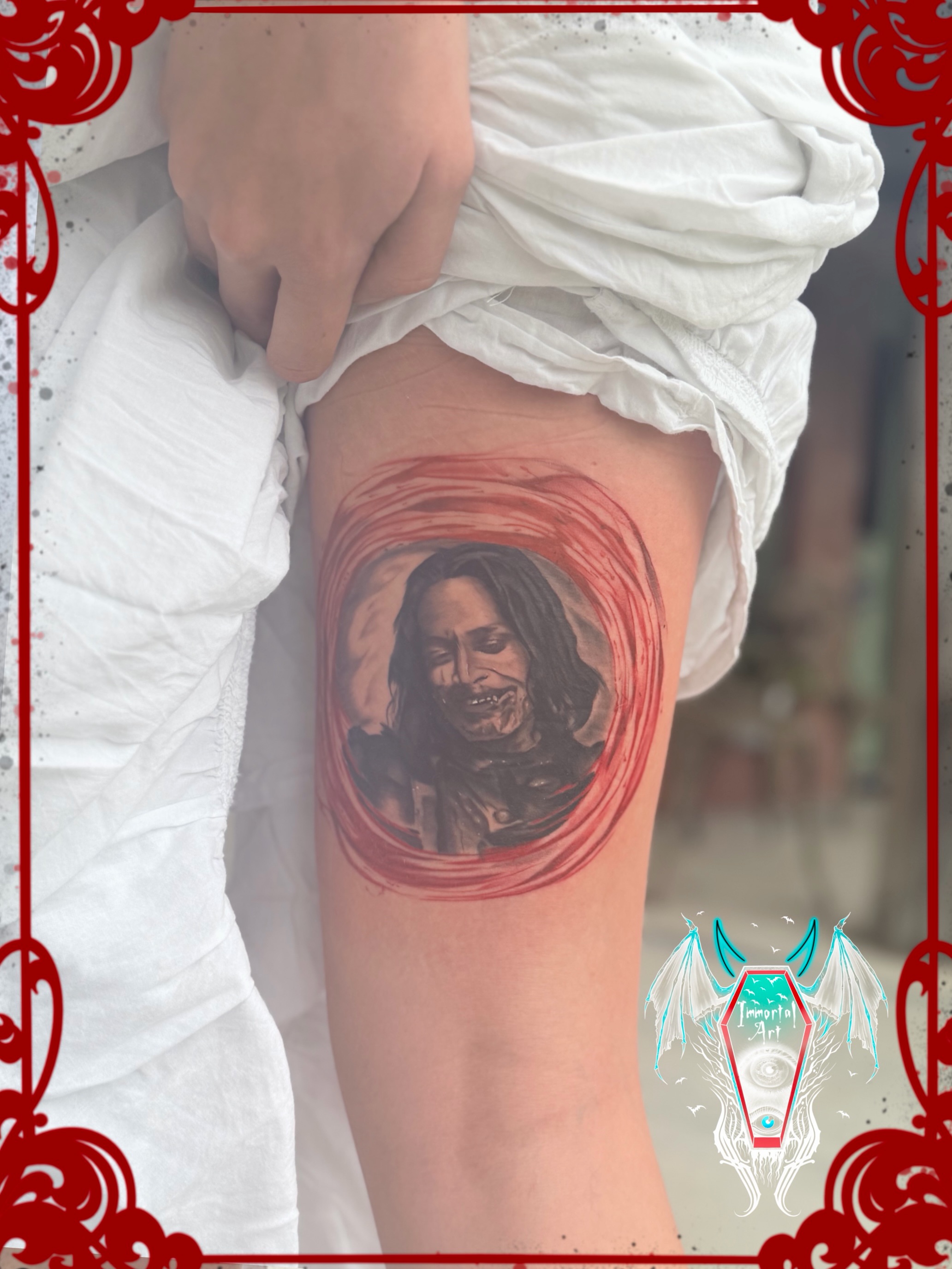 Zombie woman realism tattoo on the thigh by Denis Seregin
