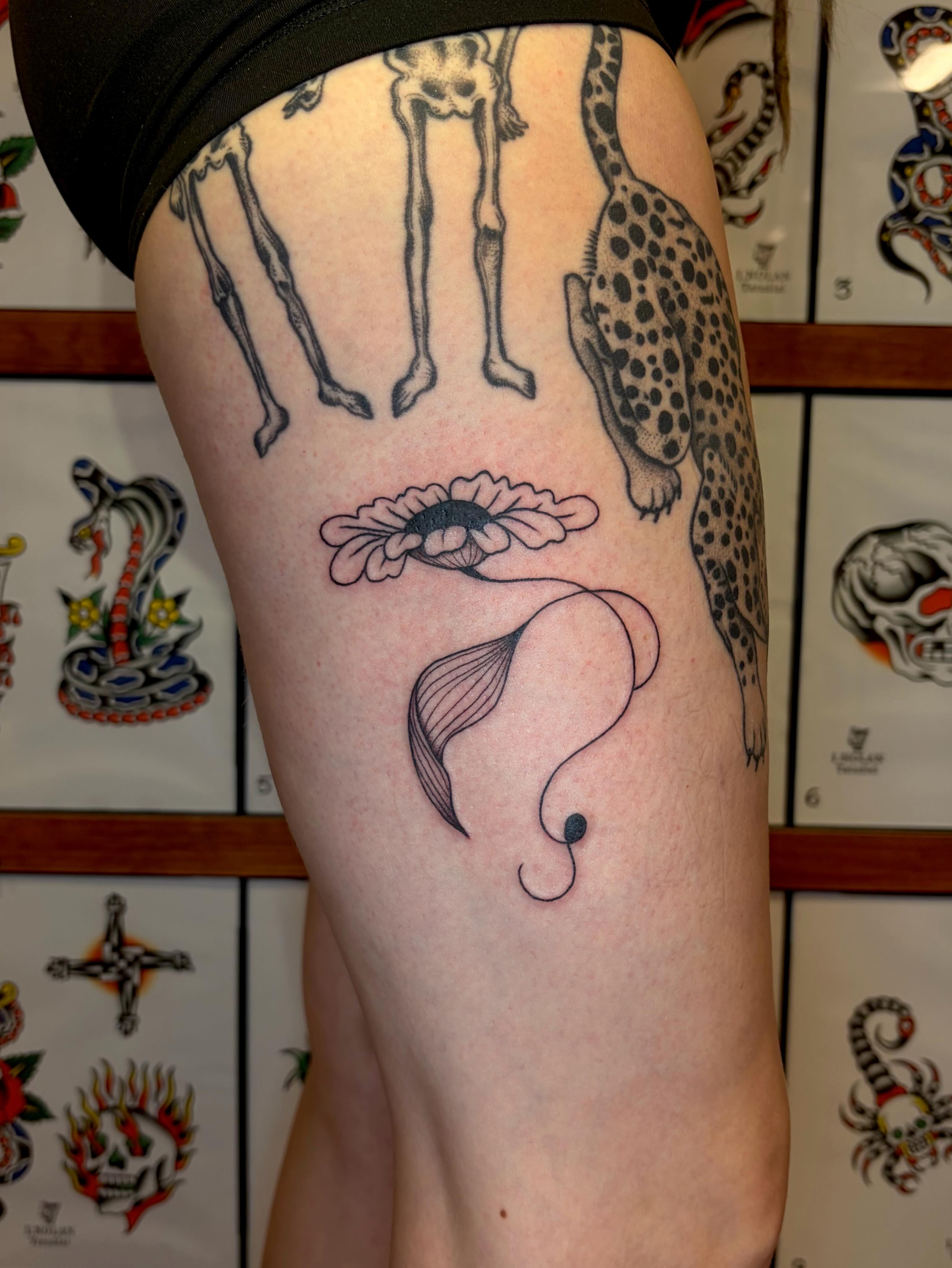 Flower with question mark fine line tattoo on the thigh by Danelle ✶ Nashville Tattooer
