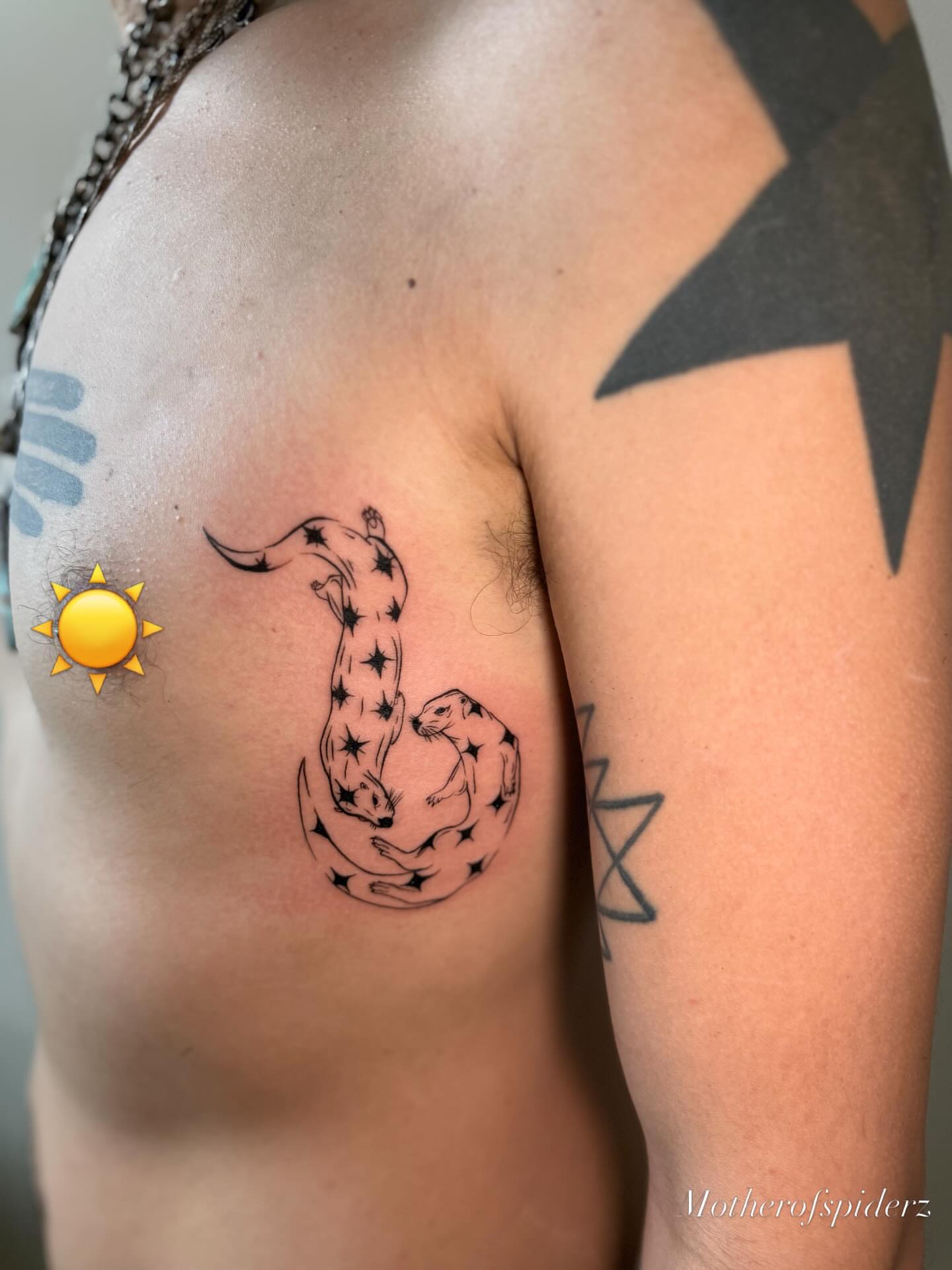 Snake and star black and grey tattoo on the shoulder by Alyssa Garza