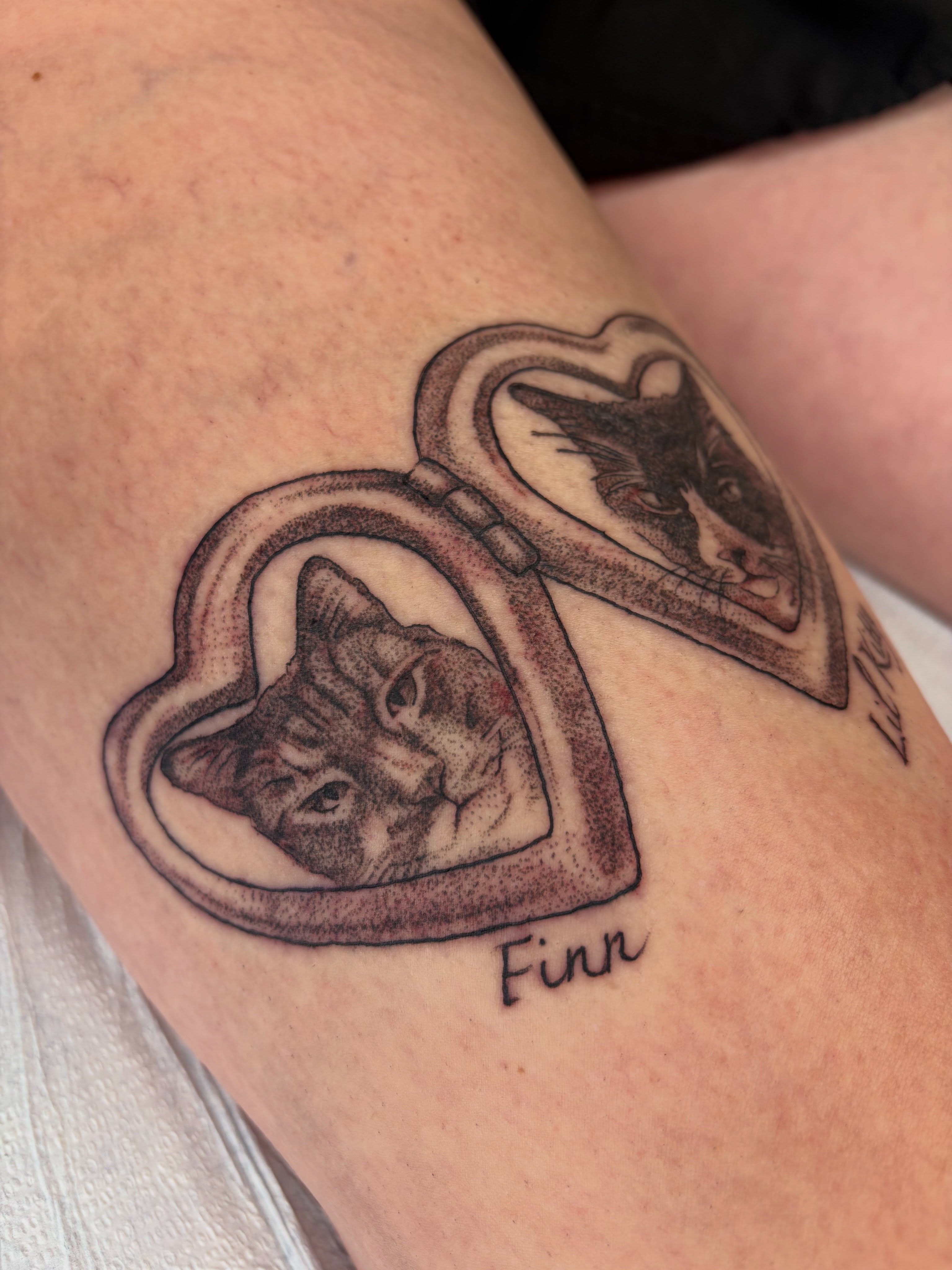 Heart with cat dotwork tattoo on the thigh by san diego tattoo artist ✩, San Diego, California