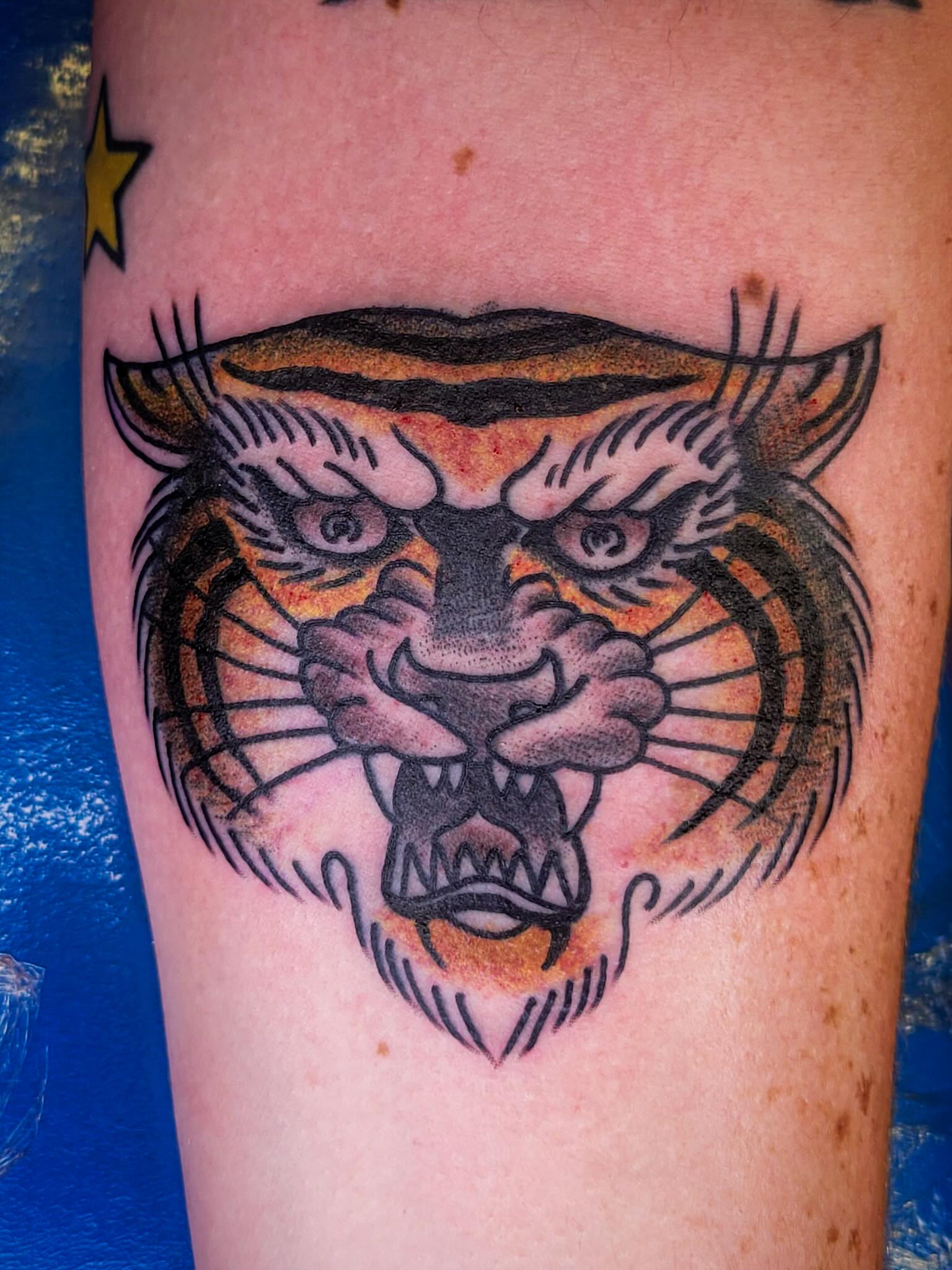 Tiger head American traditional tattoo on the thigh by joe martinez, Denver, Colorado