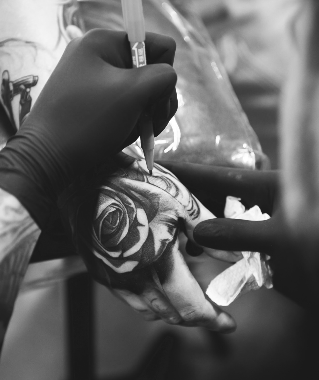 Rose black and grey tattoo on the hand by Dillinger, Ventura, California
