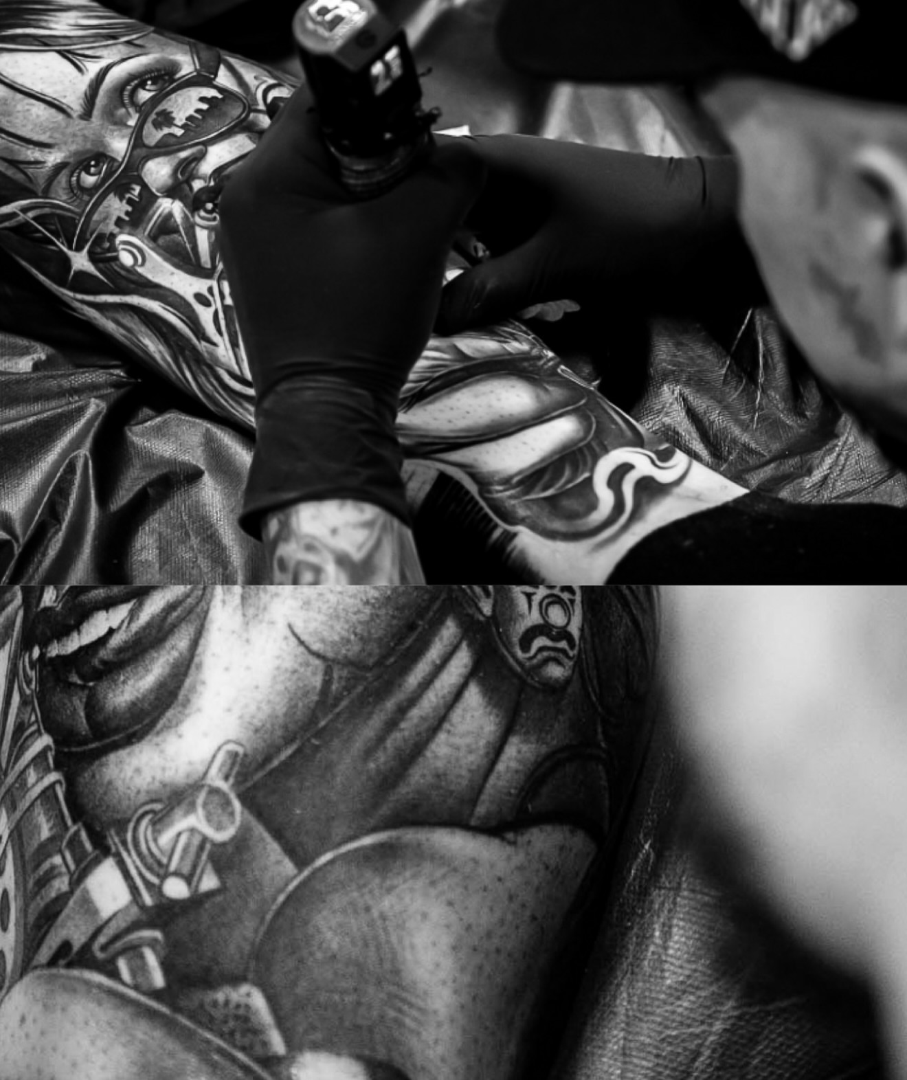 Woman with gun realism tattoo on the upper arm by Dillinger, Ventura, California