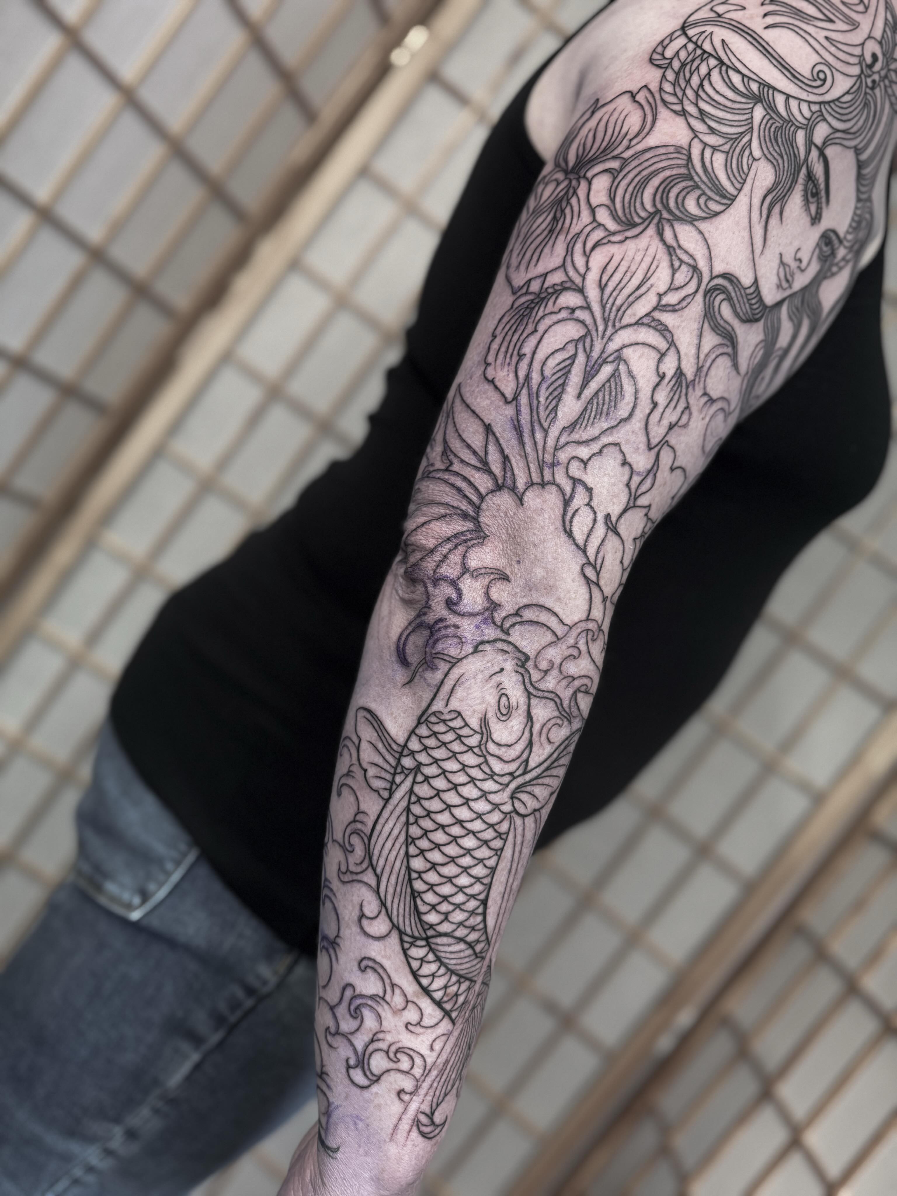 Koi fish and waves black and grey tattoo on the forearm by ⚔️ 𝕬𝖓𝖞𝖆 𝖁𝖎𝖈𝖙𝖔𝖗𝖎𝖆 ⚔️, Fairfax, Virginia