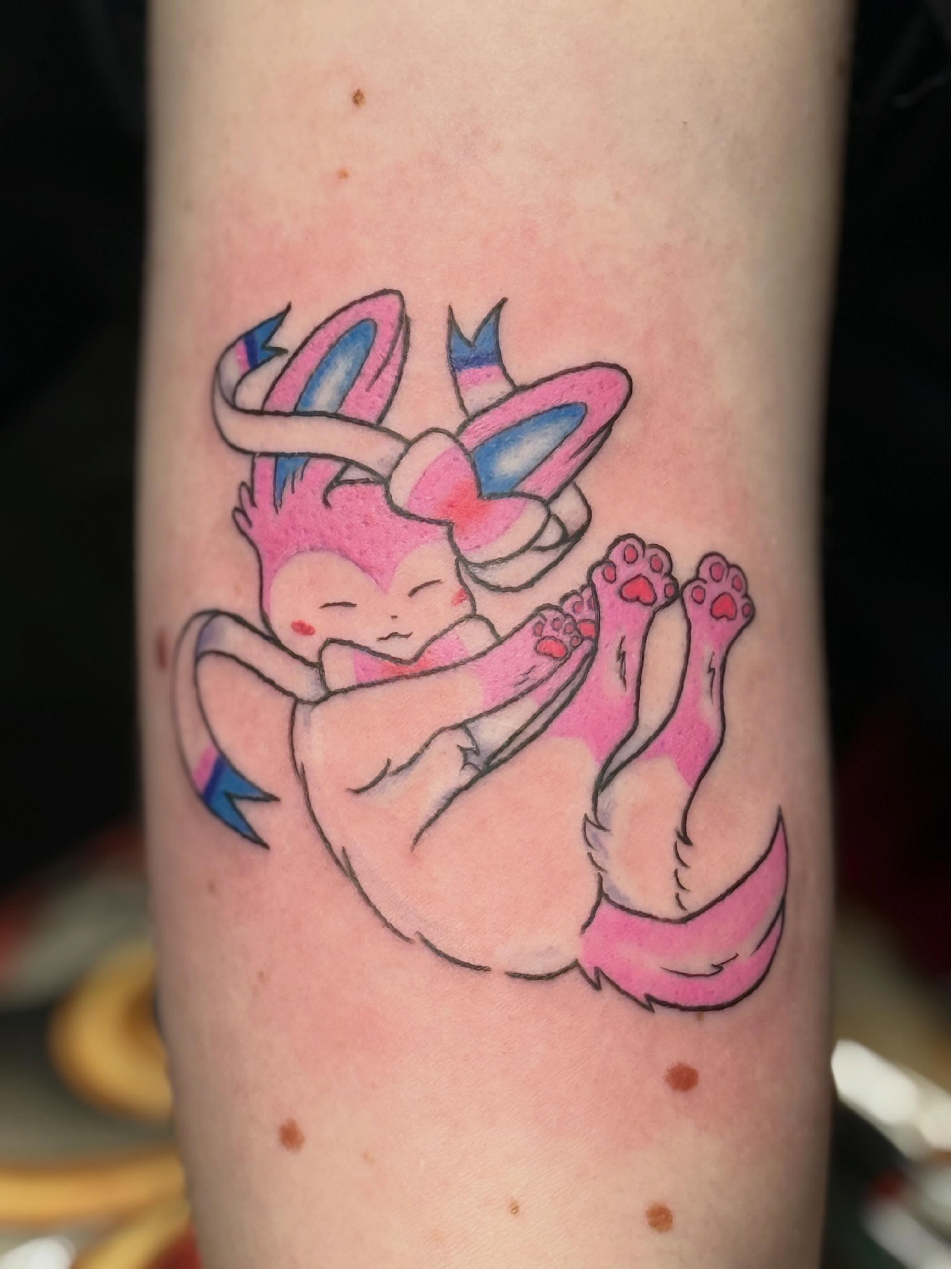 Cat new school tattoo on the forearm by Camryn Justice