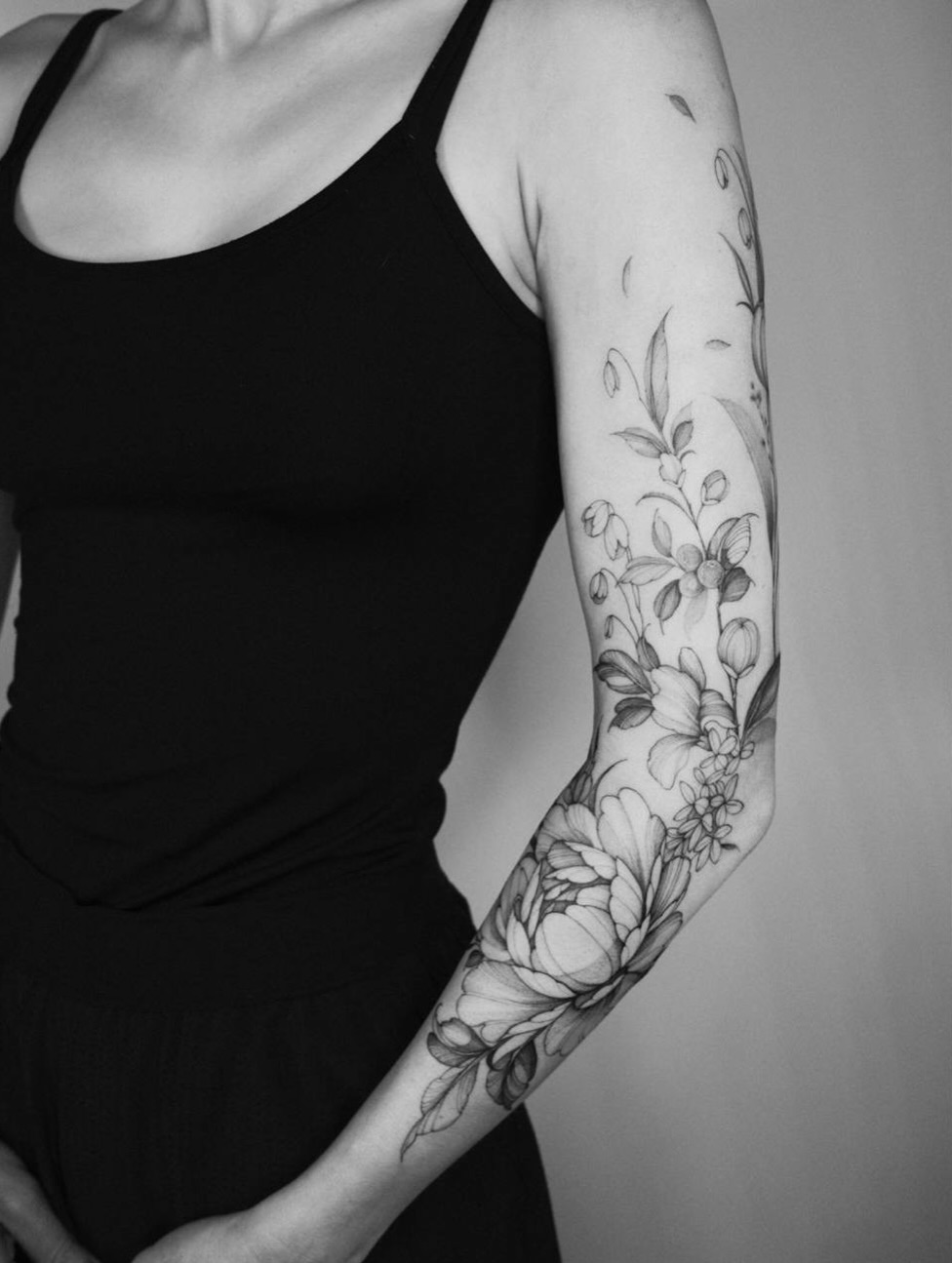 Floral bouquet black and grey tattoo on the forearm by LORIE π€ Floral Tattoo Artist, Los Angeles, California