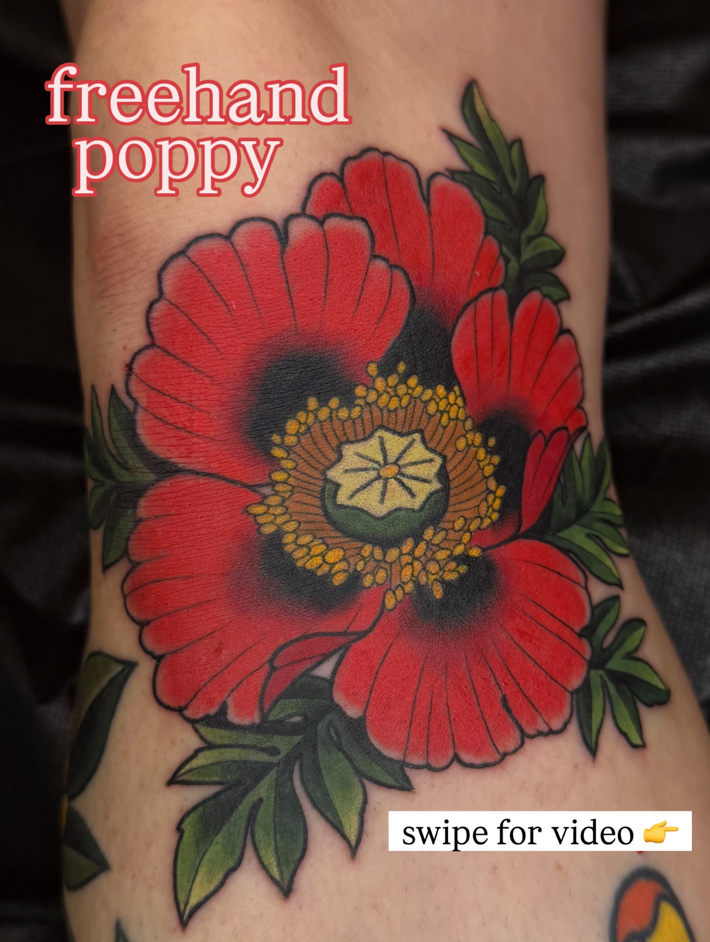 Poppy American traditional tattoo on the forearm by Anna Wall