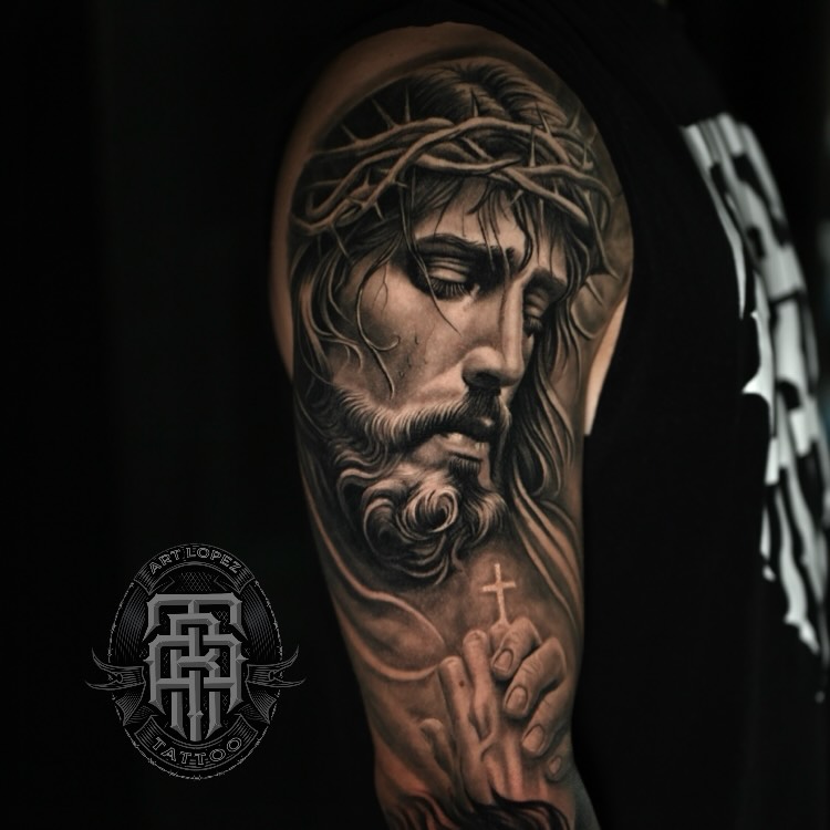Jesus Christ realism tattoo on the forearm by Art Lopez