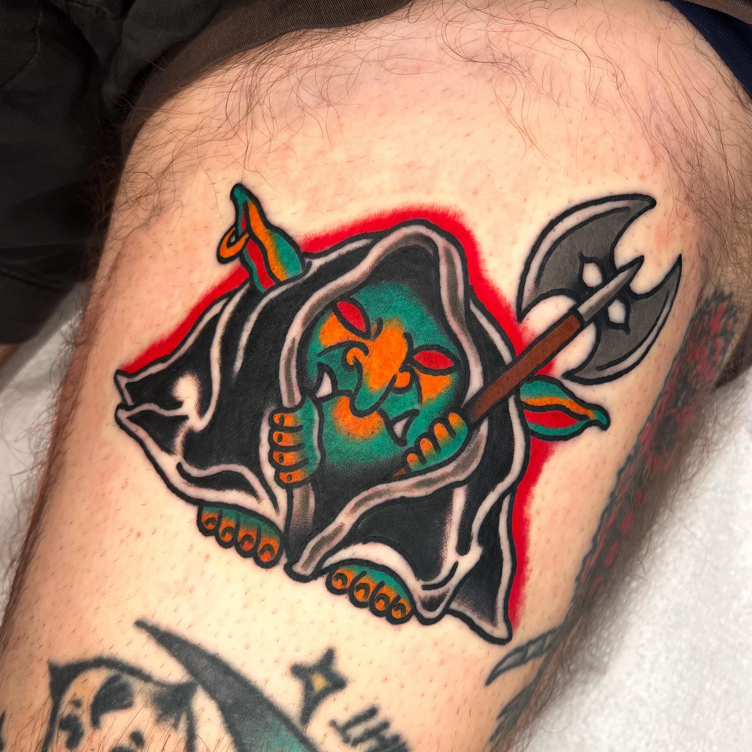 Reaper American traditional tattoo on the thigh by Sky G, Colorado Springs, Colorado