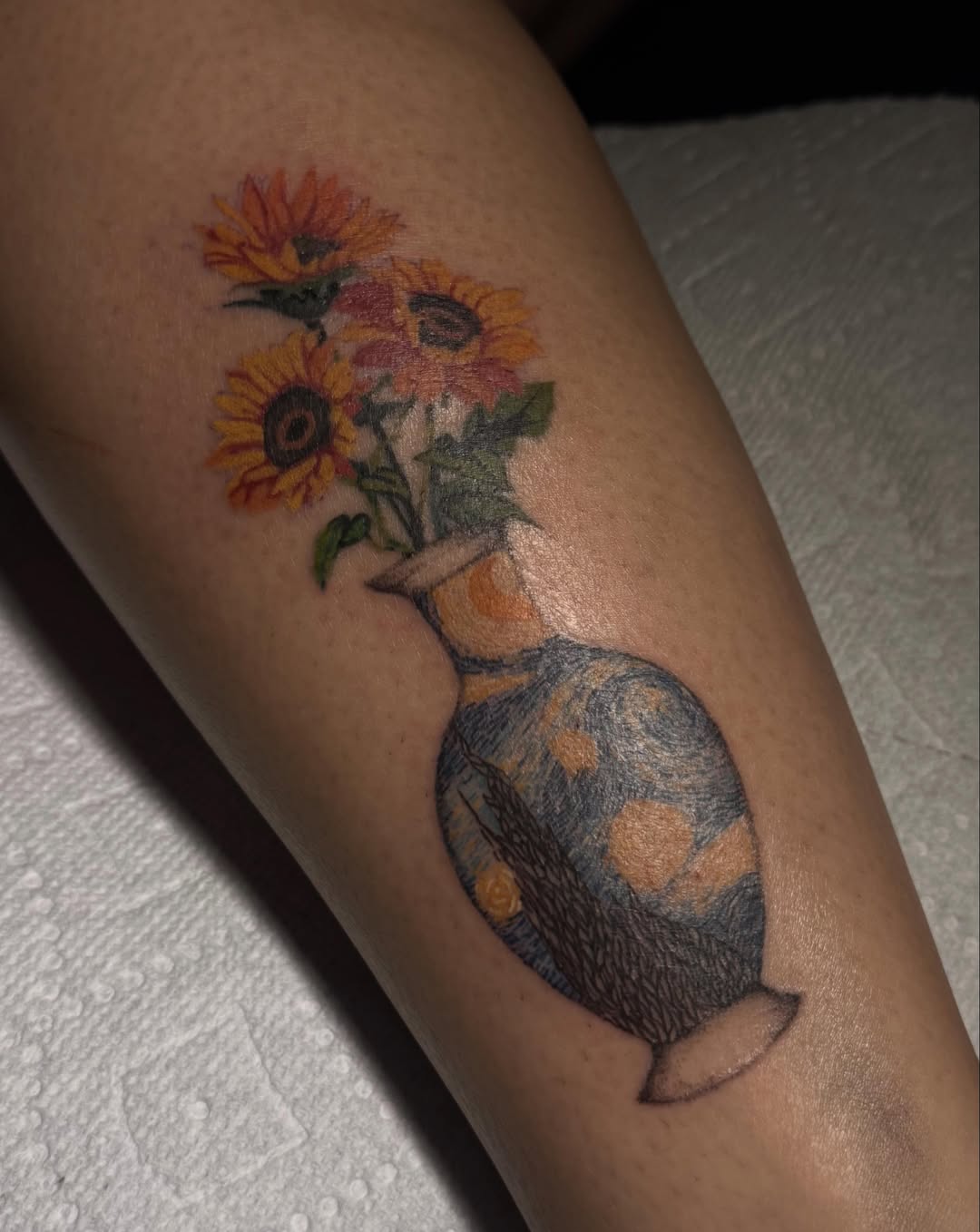 Sunflowers in vase dotwork tattoo on the forearm by Nat🫧