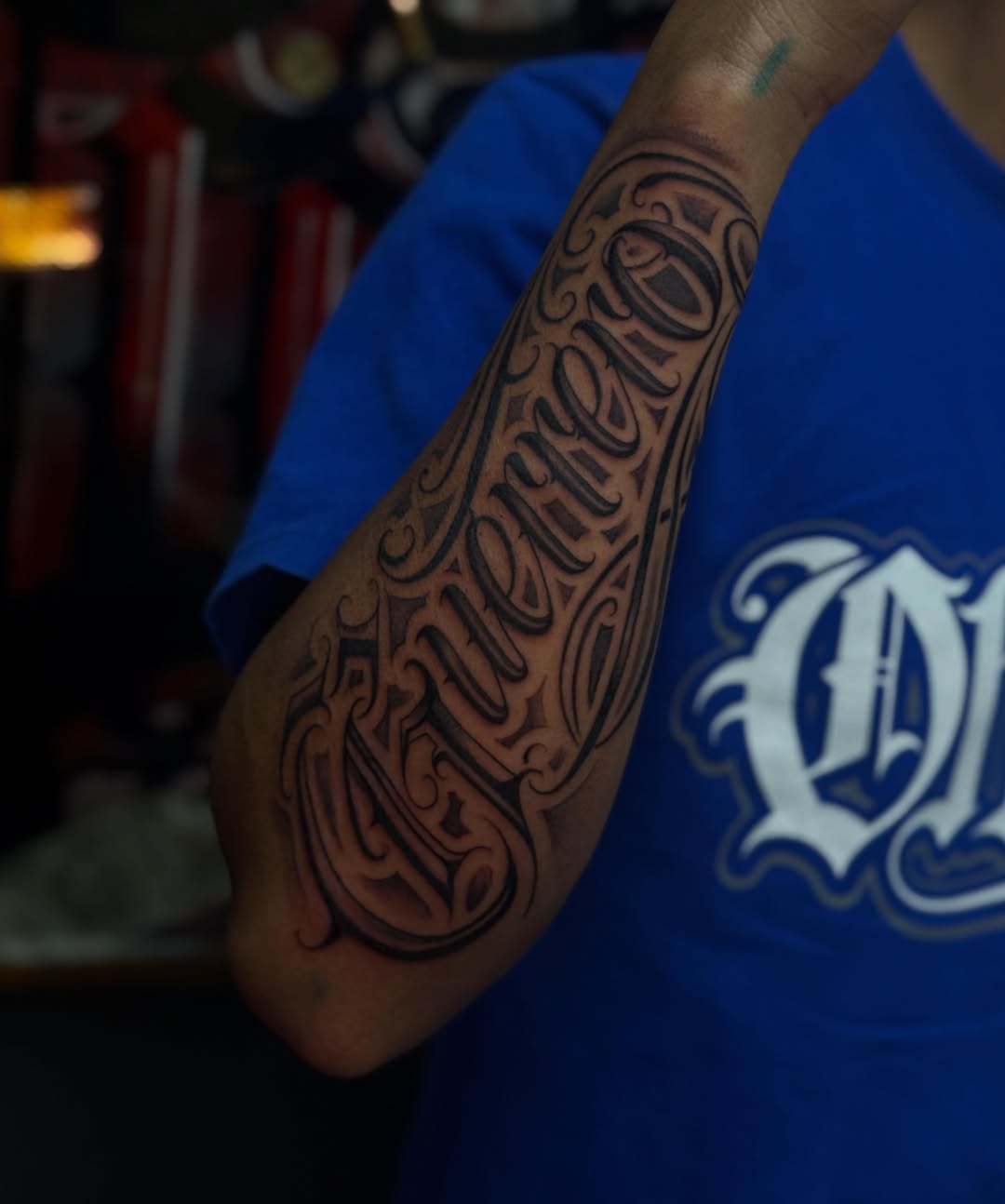 Script lettering lettering script tattoo on the forearm by Smuk One