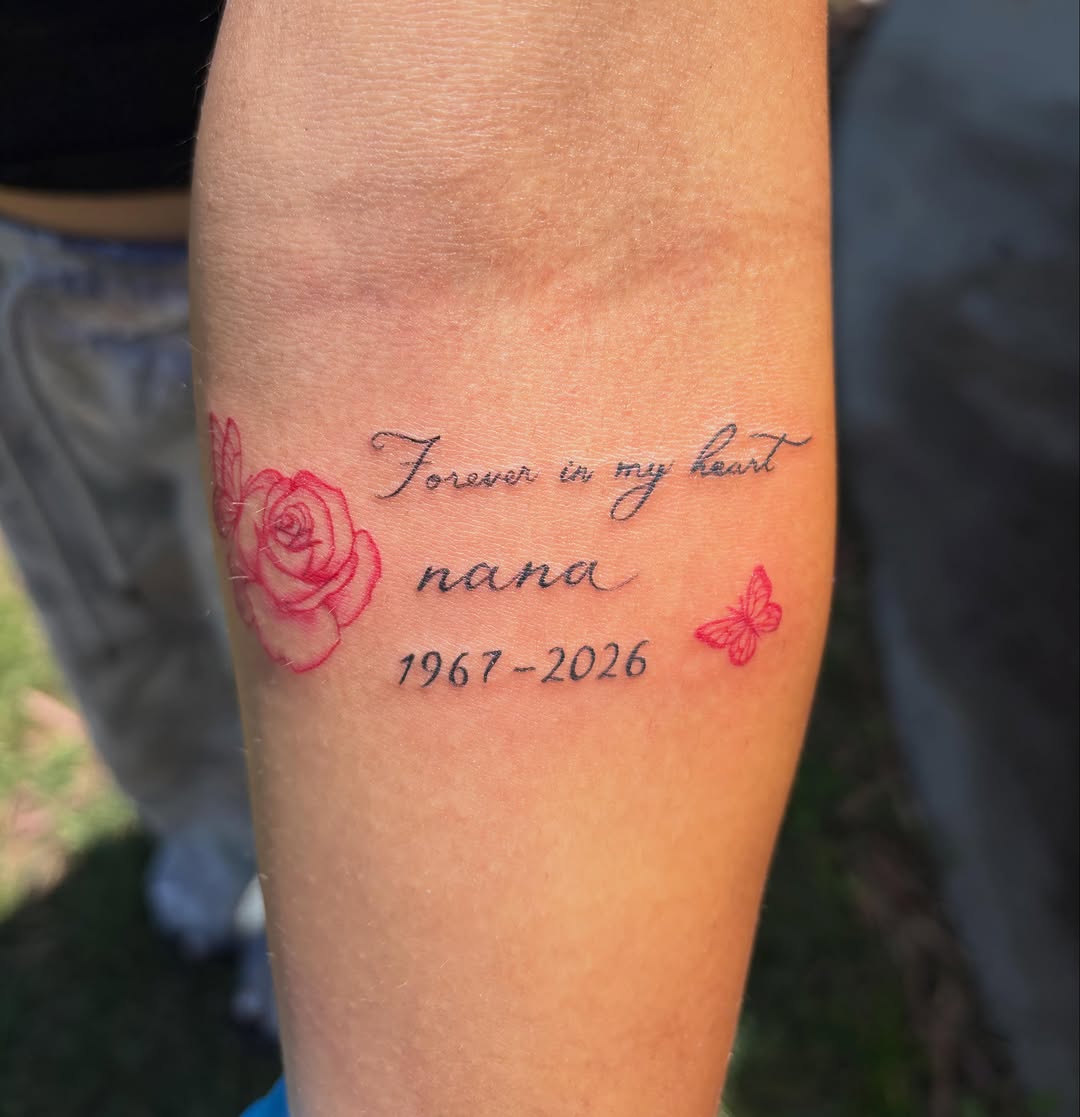 Rose and lettering memorial lettering tattoo on the forearm by πππ§ ππ’ππ π¨ πππππ¨π¨π¬