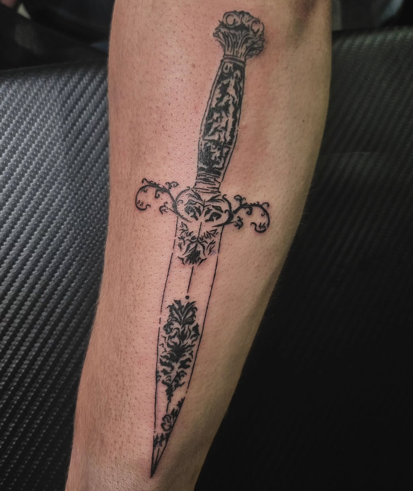 Sword black and grey tattoo on the forearm by ݁˖