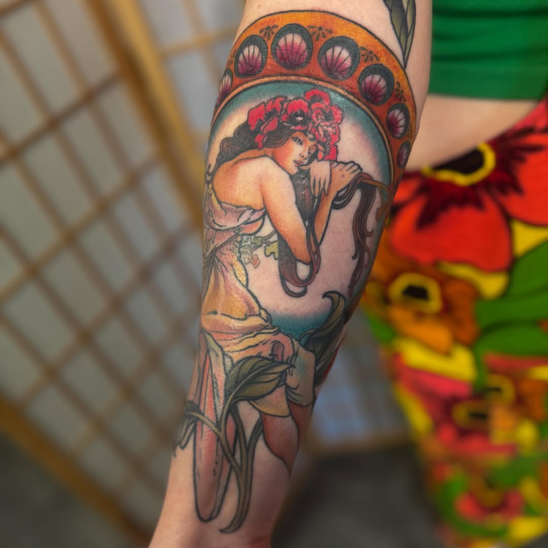 Woman with flowers new school tattoo on the forearm by ⚔️ 𝕬𝖓𝖞𝖆 𝖁𝖎𝖈𝖙𝖔𝖗𝖎𝖆 ⚔️, Fairfax, Virginia
