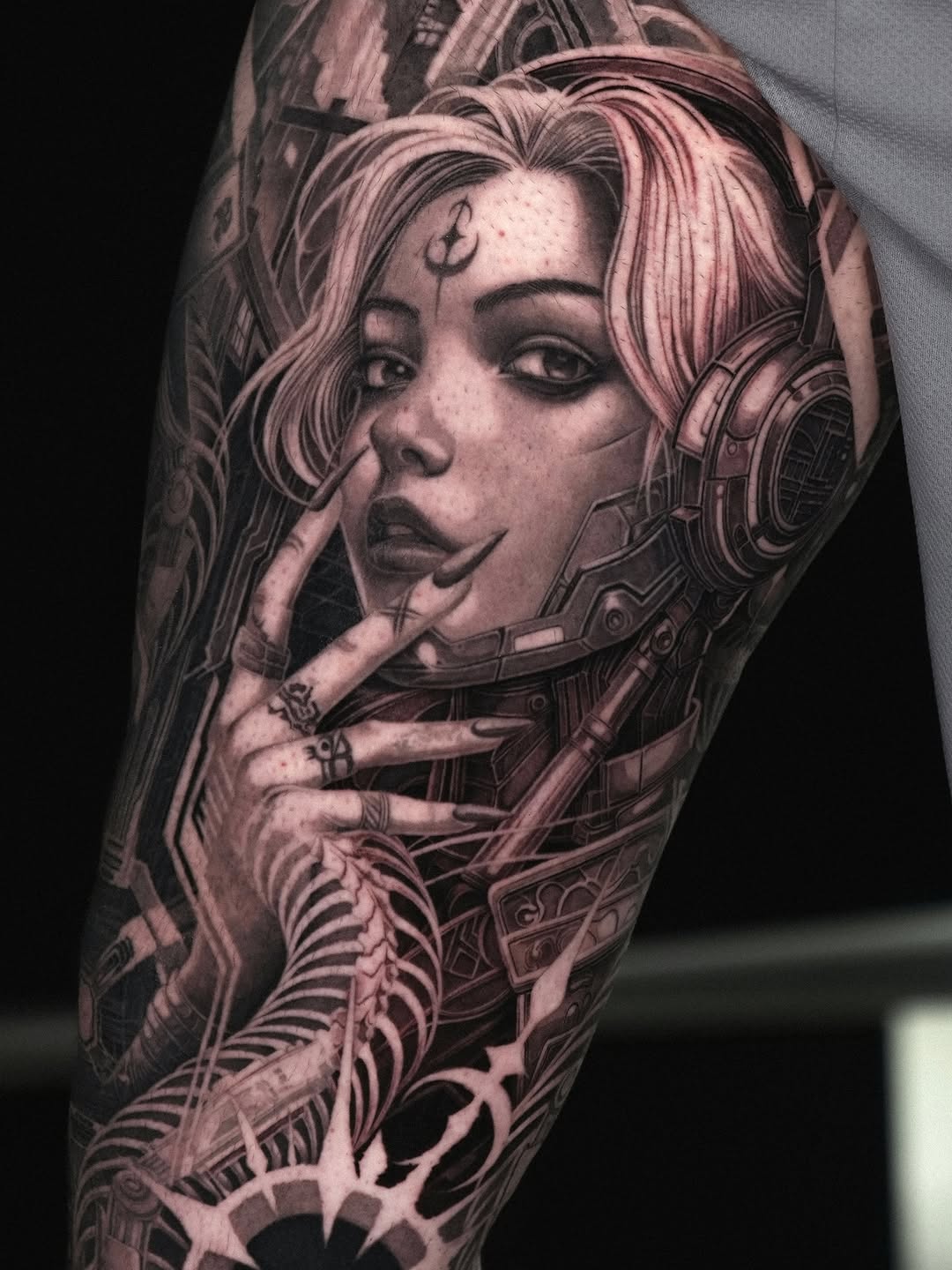 Cyborg woman portrait realism tattoo on the forearm by Sumok Kim