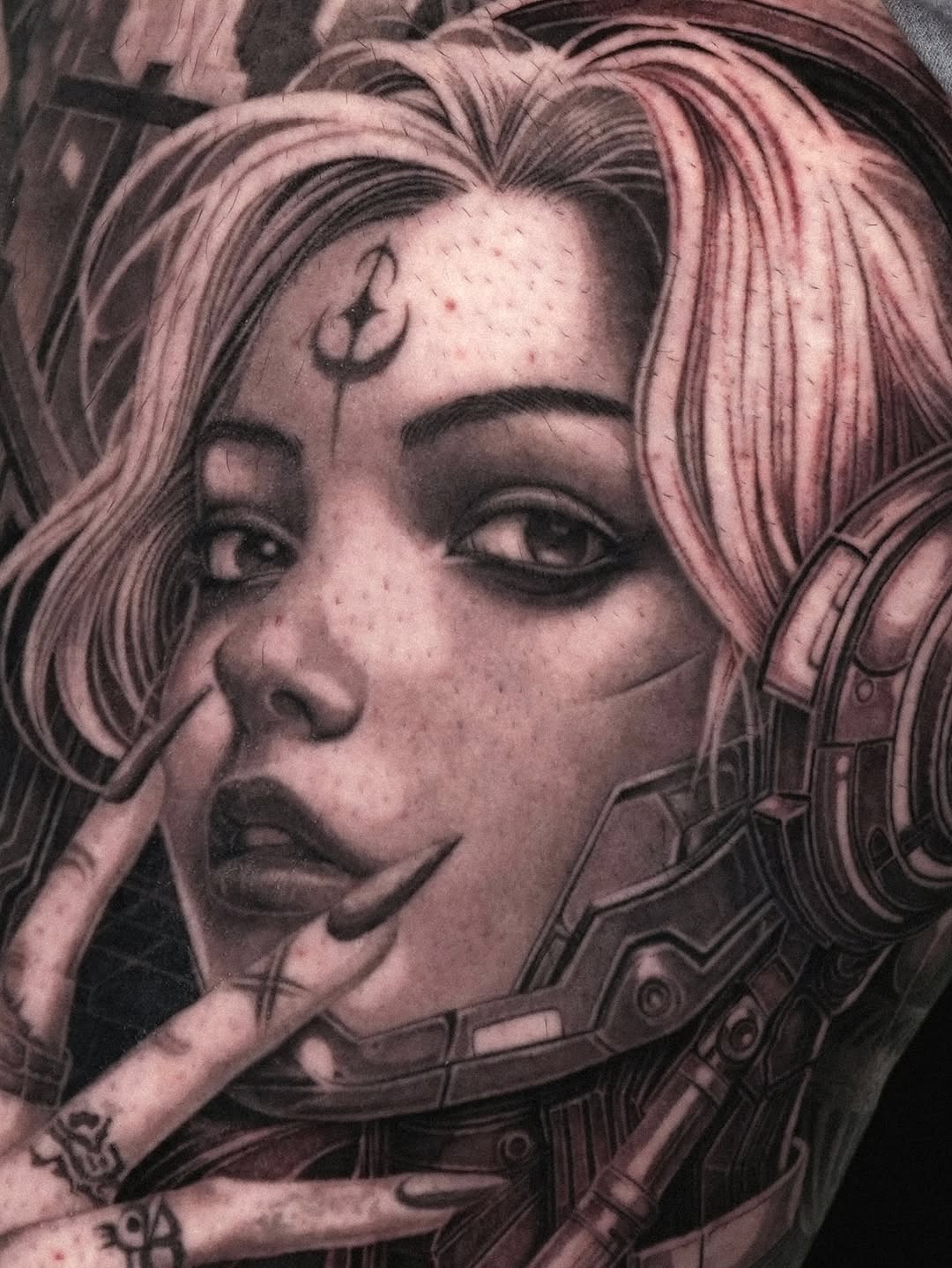 Cyborg woman portrait realism tattoo on the upper arm by Sumok Kim