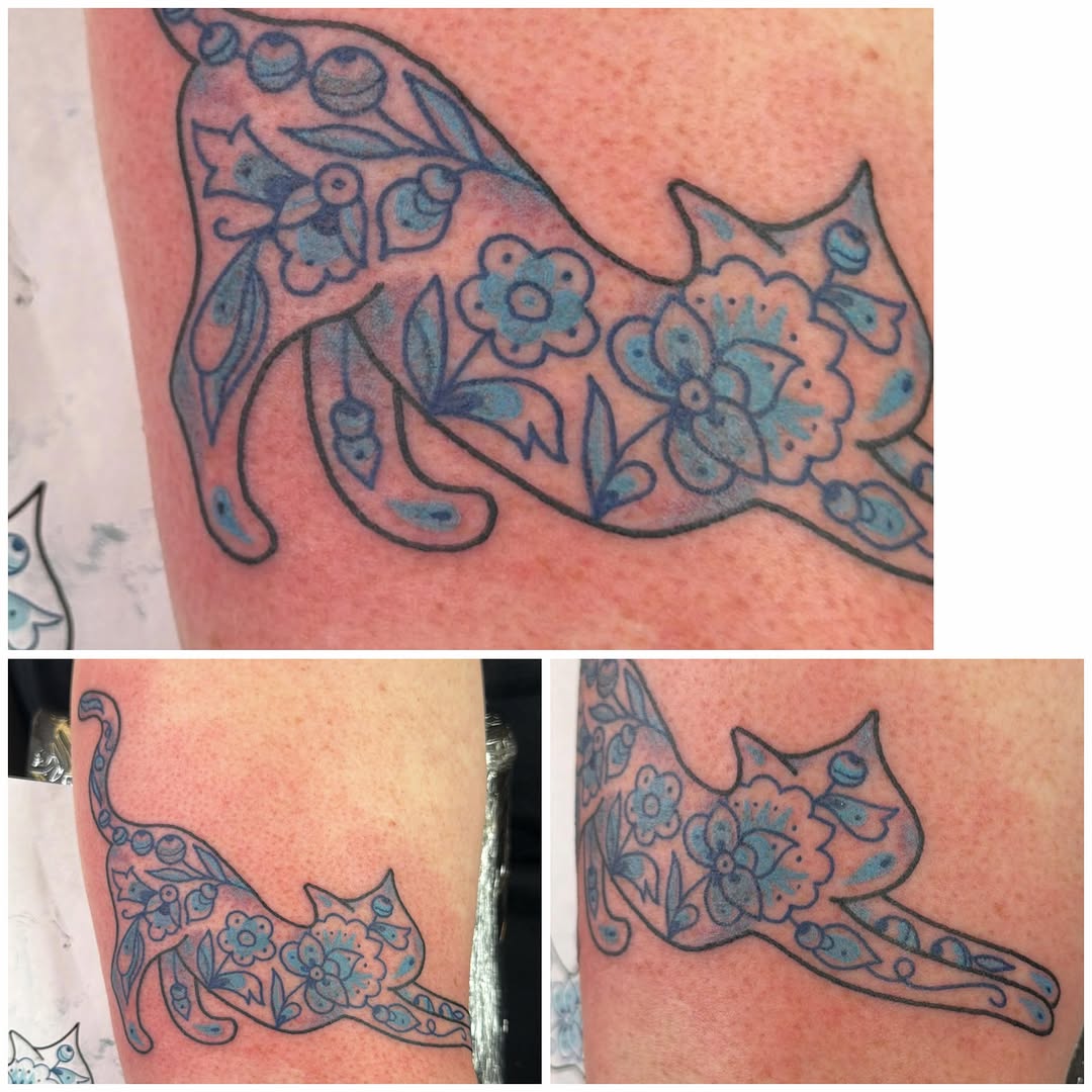Cat ornamental tattoo on the forearm by Andrea Lynne Hastings-Craven Tattoo Artist, Cleveland, Ohio