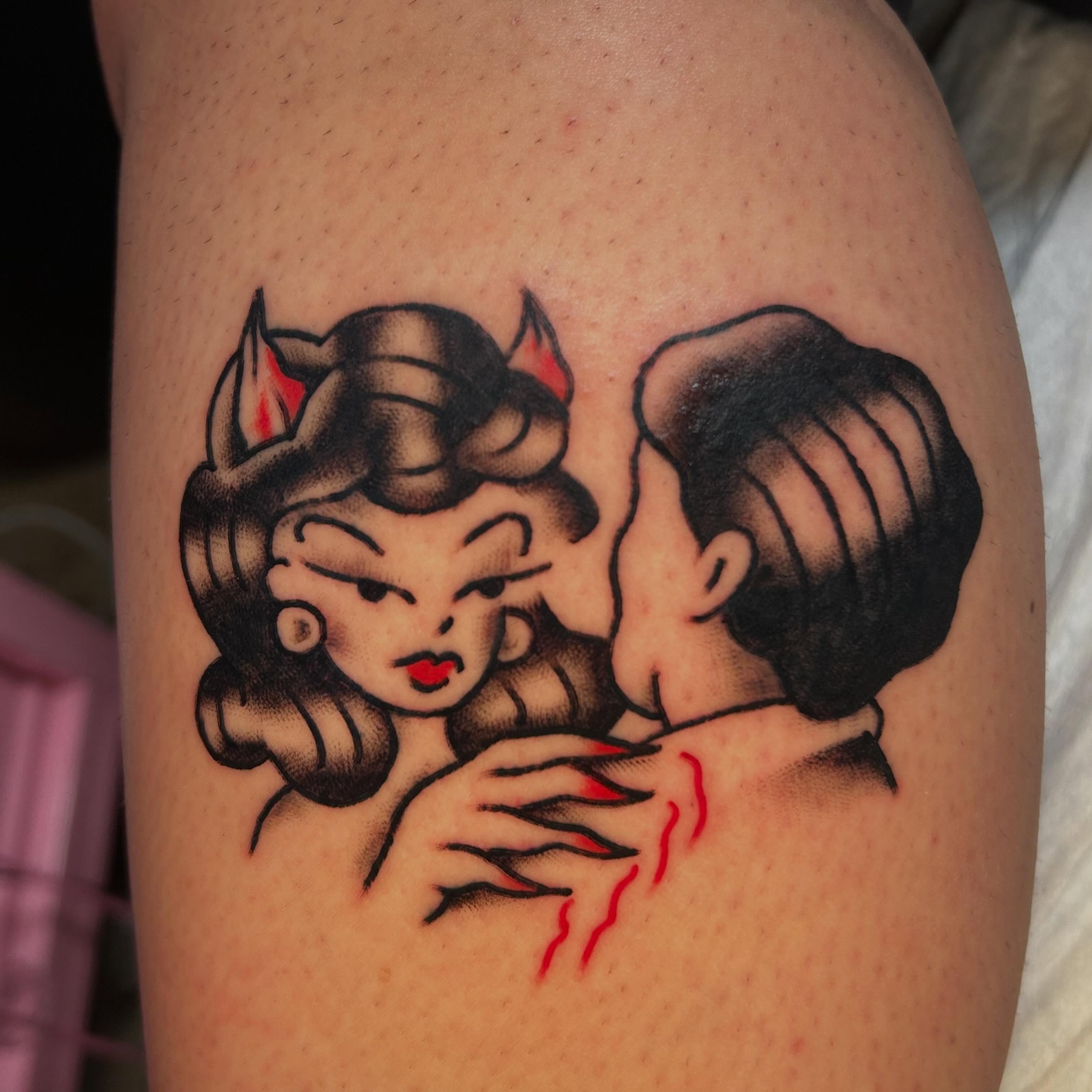 Devils American traditional tattoo on the thigh by ★ eliza rodriguez🇲🇽 ★
