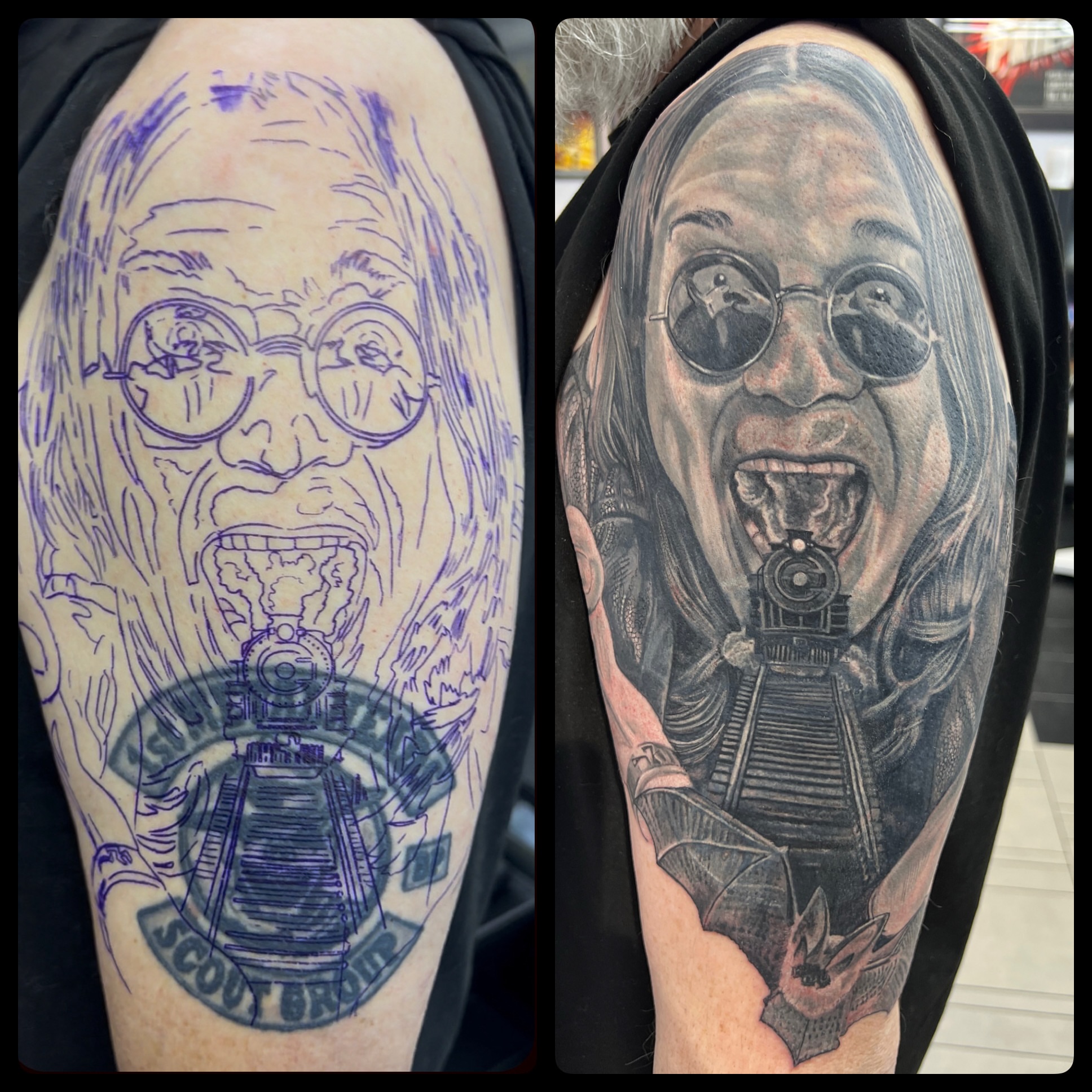 Train through mouth dark realism tattoo on the upper arm by Steve Peace Calgary based tattoo artist, Calgary, Alberta