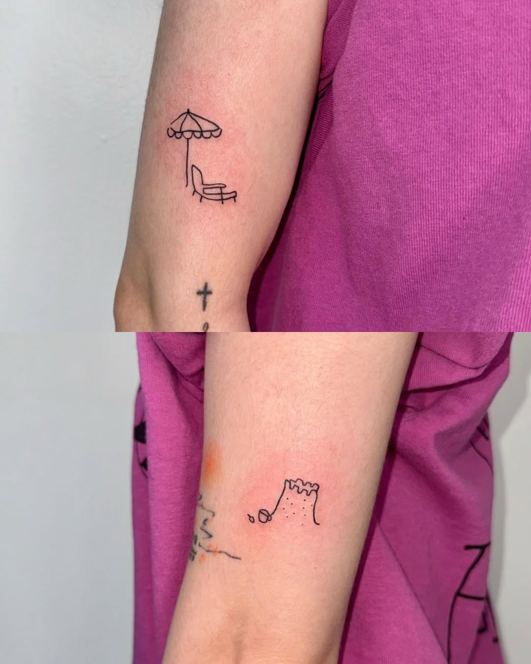 Beach chair and umbrella fine line tattoo on the forearm by 림구타투
