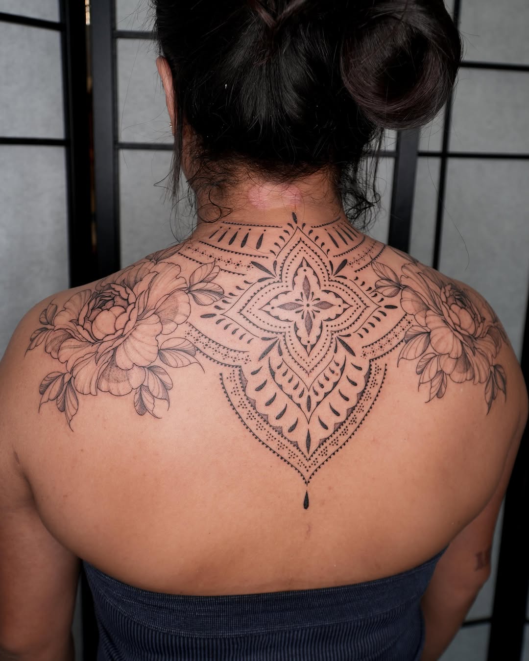 Mandala dotwork tattoo on the back by Pandora ✨ Floral, Los Angeles, California
