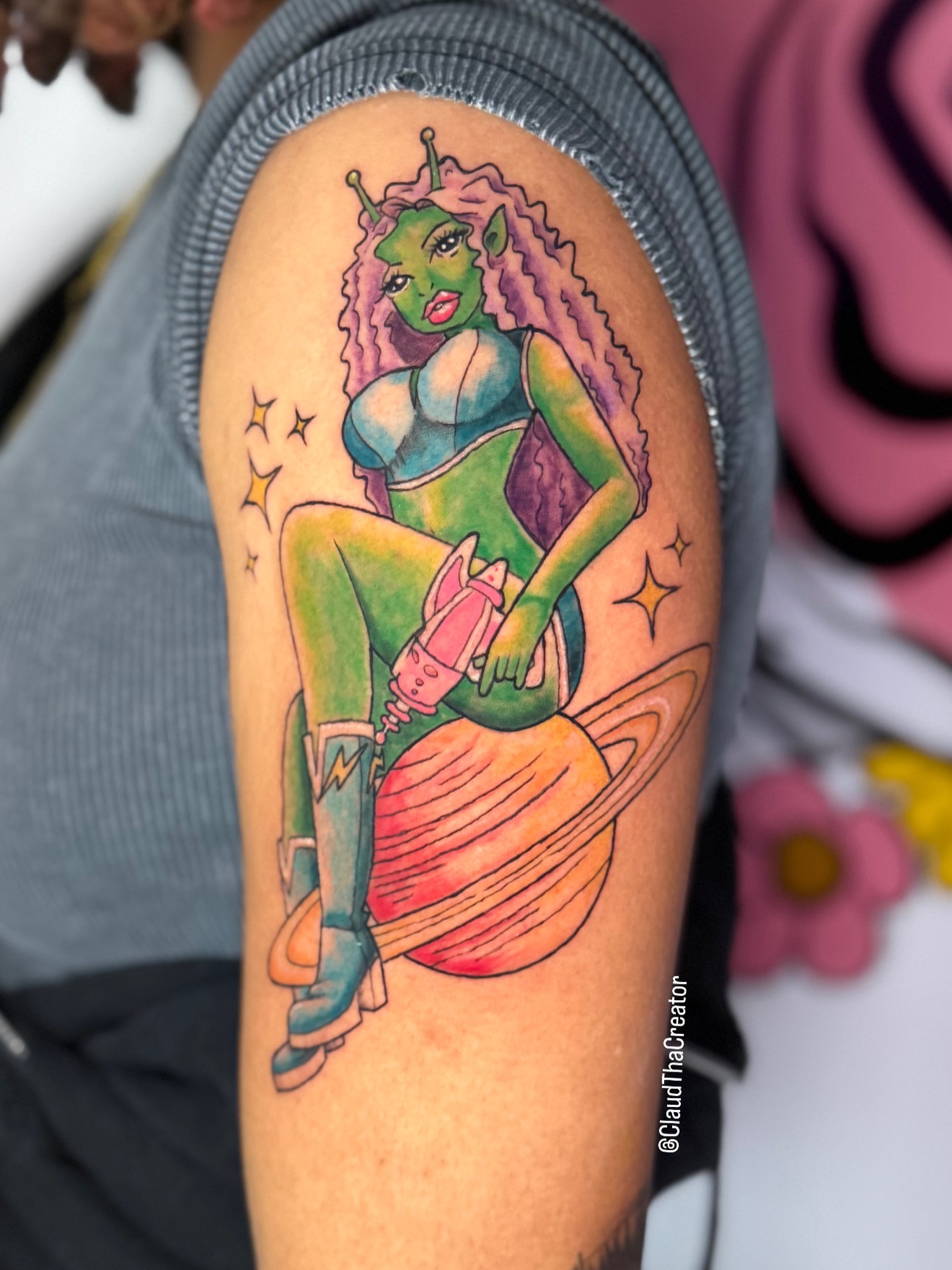 Alien girl with planet new school tattoo on the forearm by claud, Atlanta, Georgia
