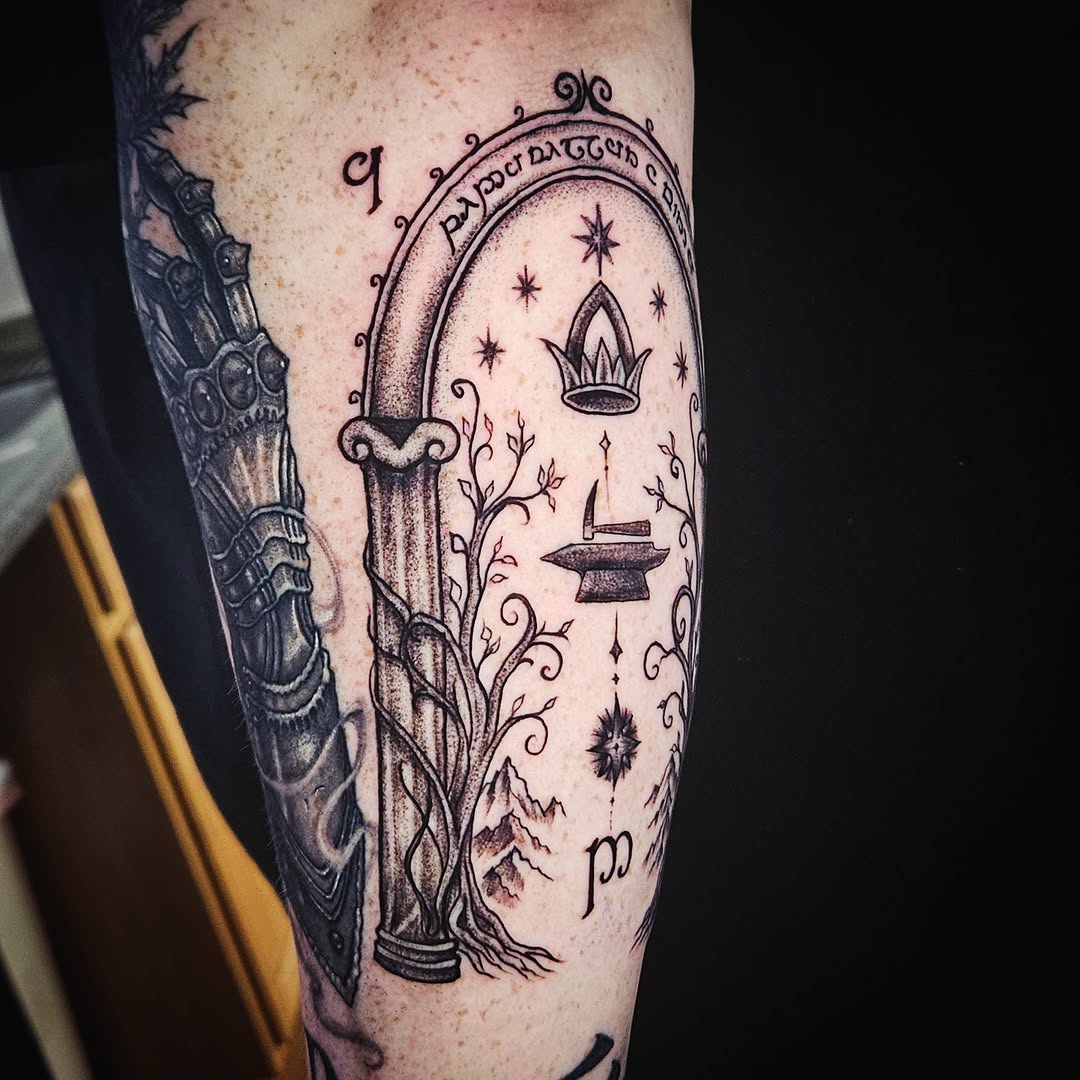 Archway with crown black and grey tattoo on the forearm by Isaac Morales