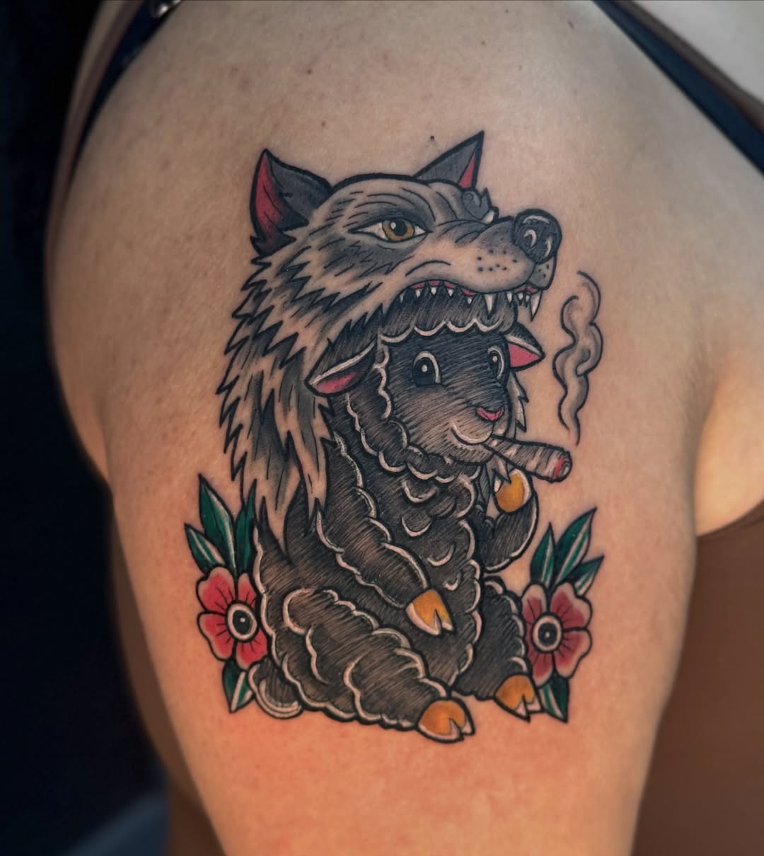 Wolf smoking cigar American traditional tattoo on the thigh by Kevin A. Salinas ๐จ๐ด, Houston, Texas
