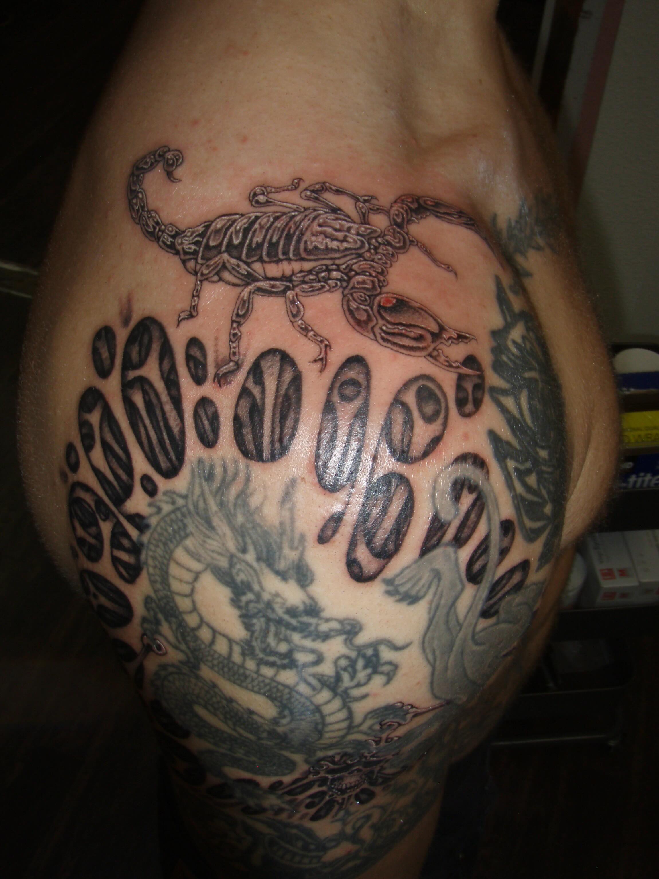 Scorpion and dragon black and grey tattoo on the thigh by Brendan Smith