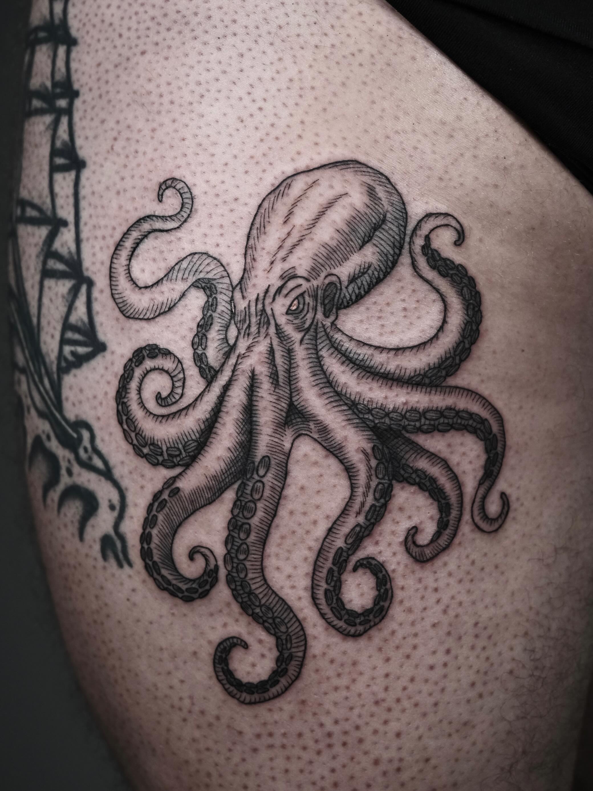 Octopus dotwork tattoo on the thigh by Peter(피터)
