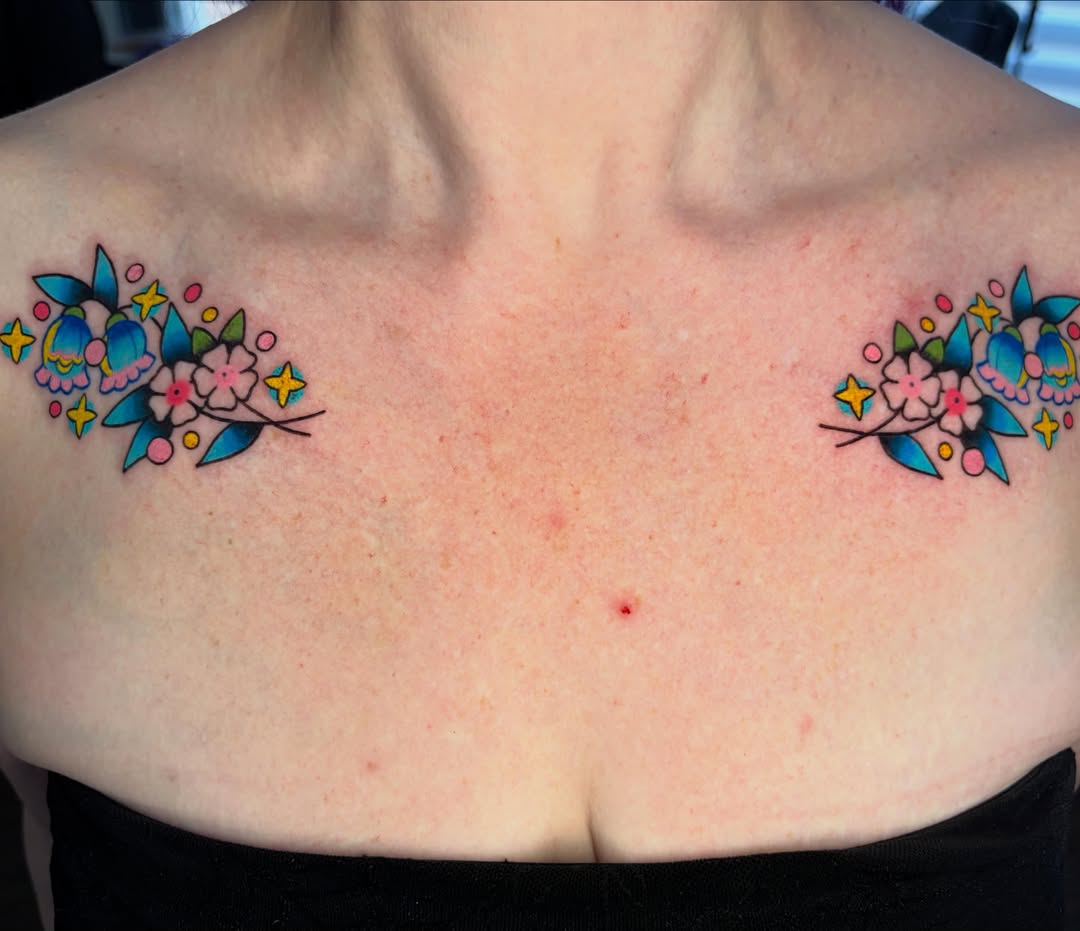 Floral arrangement American traditional tattoo on the chest by Alena McDonald