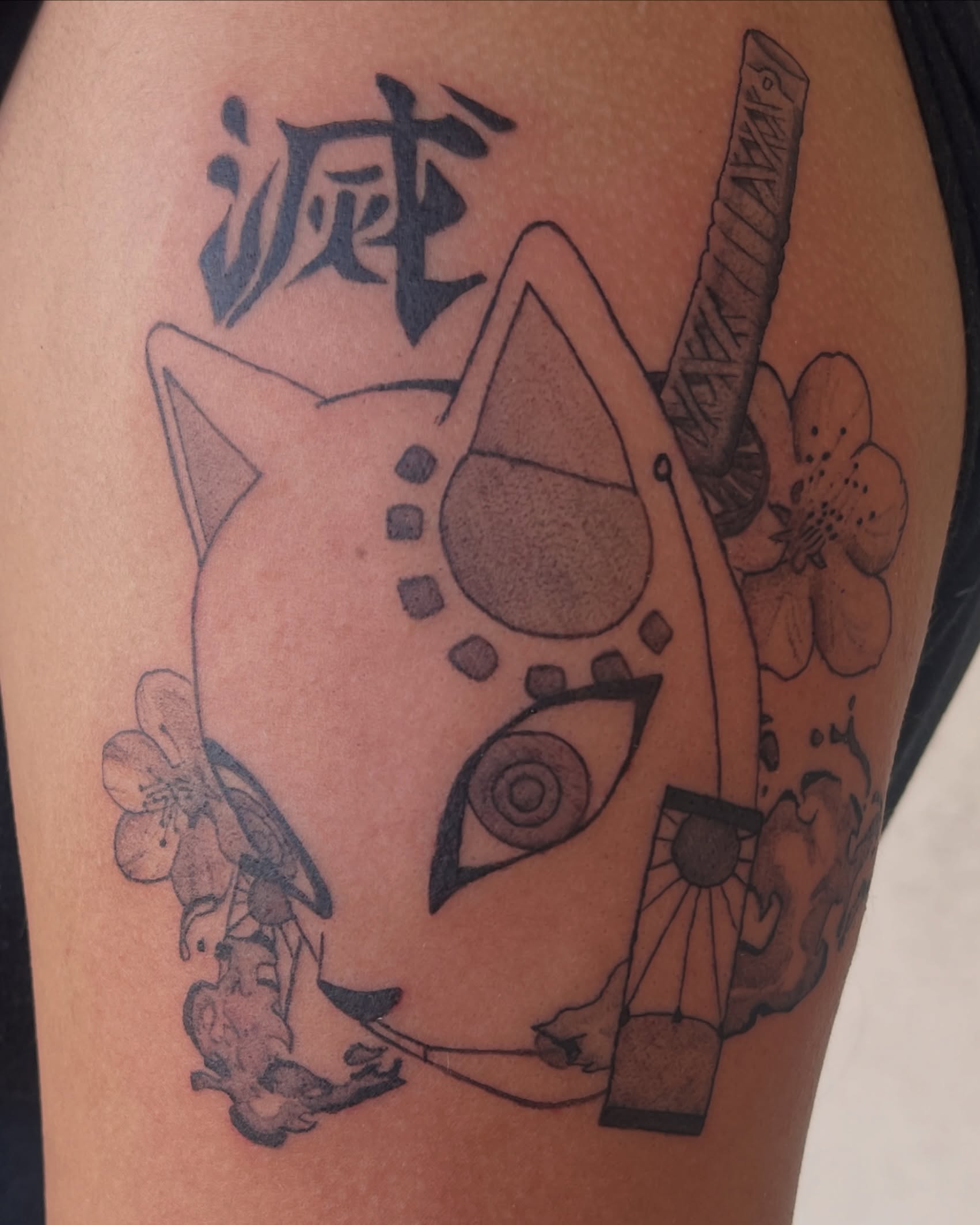 Cat and cherry blossoms dotwork tattoo on the thigh by Kevin, Las Vegas, Nevada