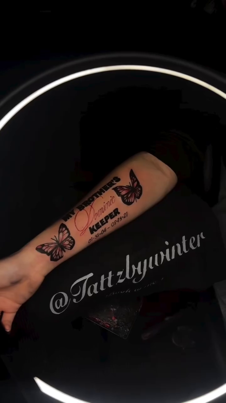 Arm tattoo with butterflies and lettering lettering tattoo on the upper arm by 🏳️‍🌈