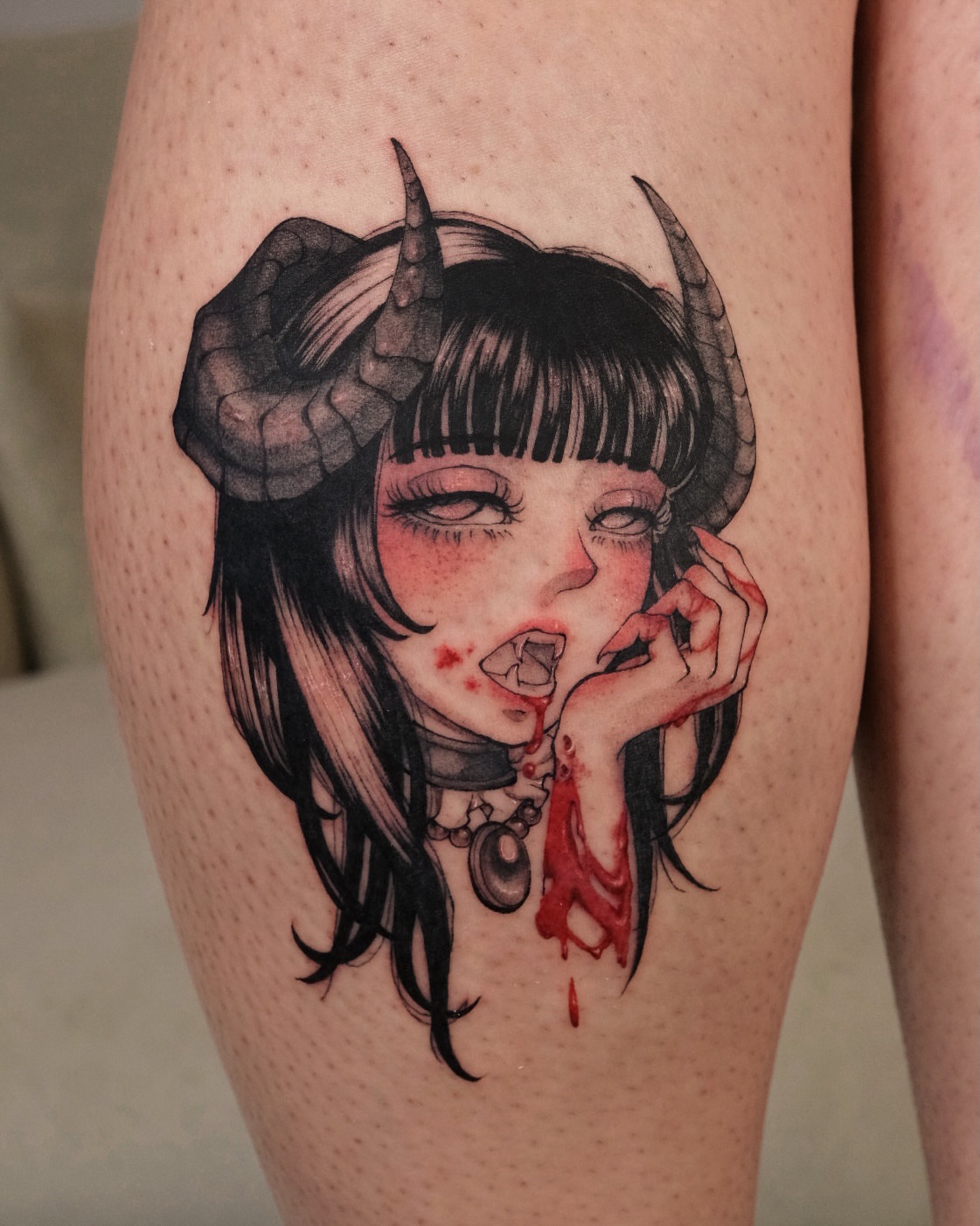 Demon girl dark realism tattoo on the thigh by misa (mi isabelle) β€οΈβπ₯π