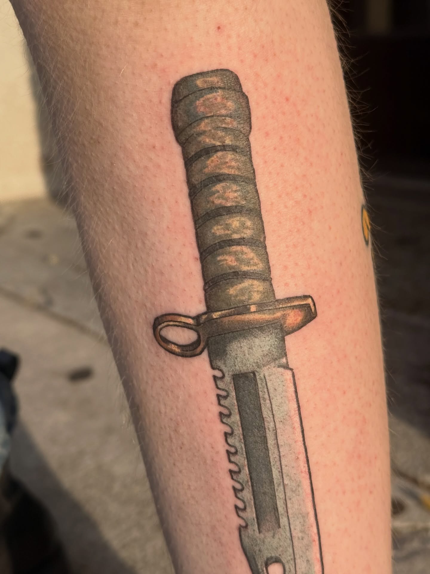 Bayonet realism tattoo on the forearm by Mo