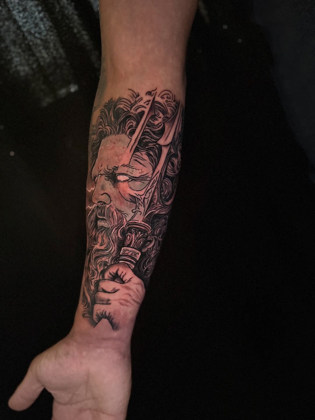 Poseidon with trident realism tattoo on the forearm by Aldocasales@tatto
