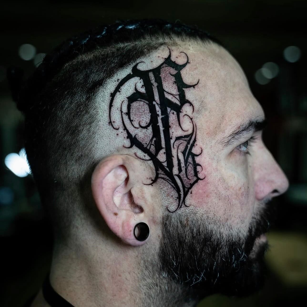 Lettering lettering script tattoo on the head by Don Peddicord