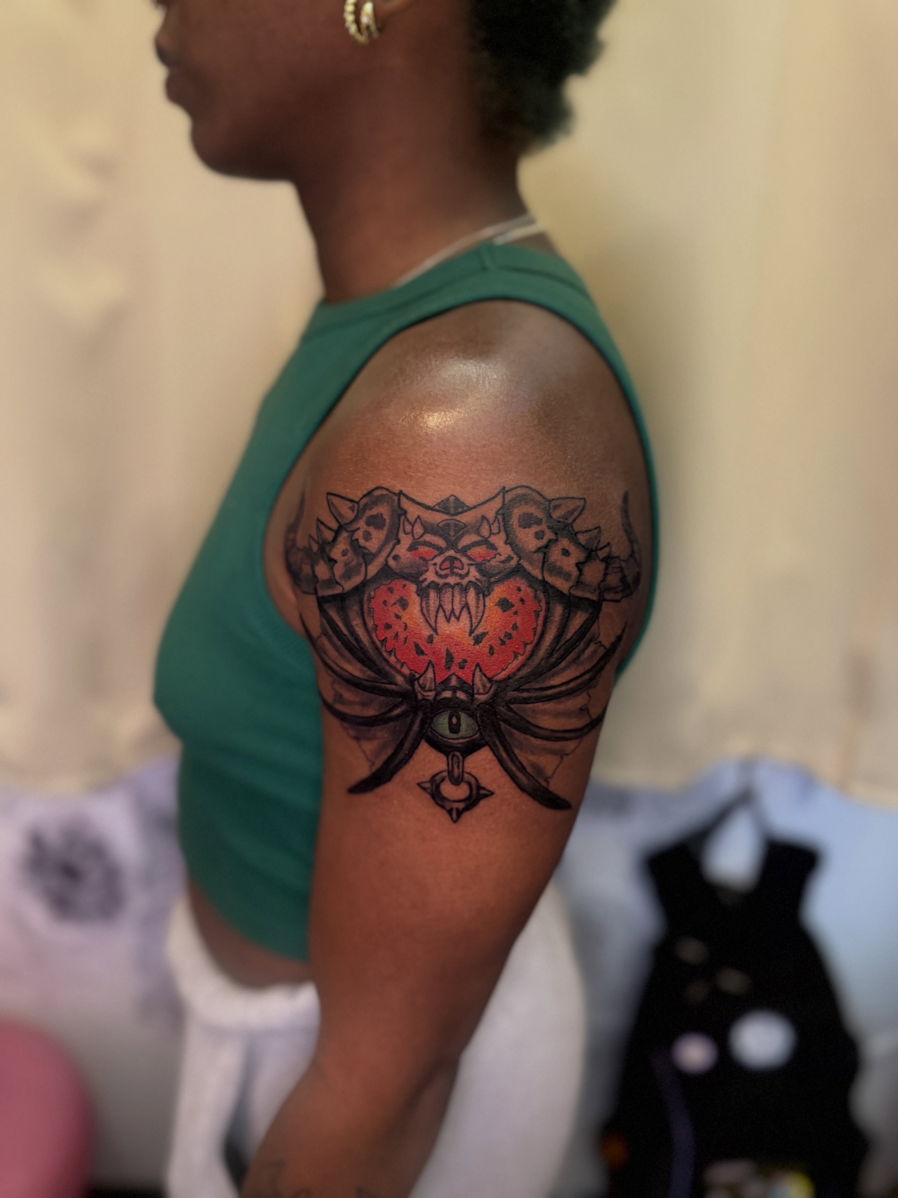 Heart with horns neo-traditional tattoo on the shoulder by ❈°binx°❈