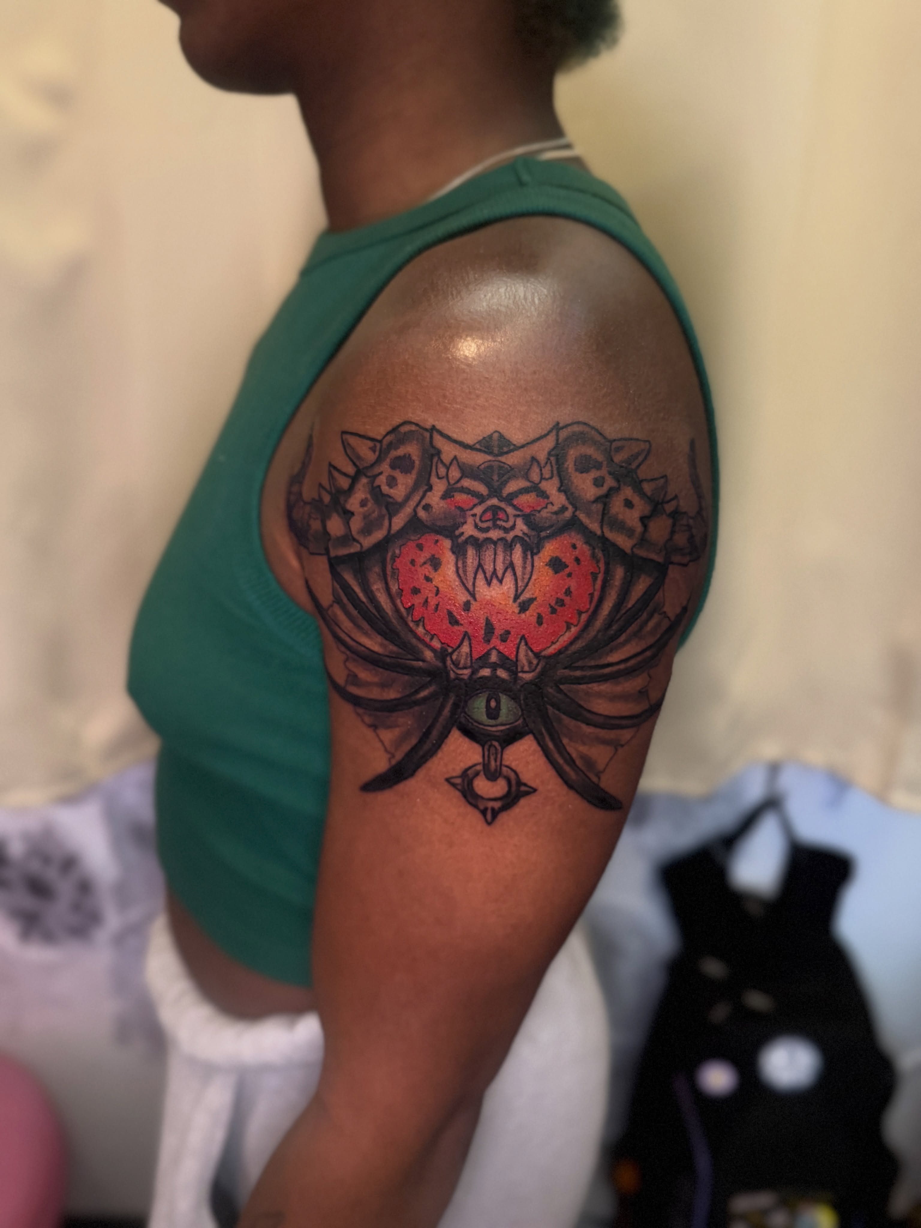Bull and heart American traditional tattoo on the shoulder by ❈°binx°❈
