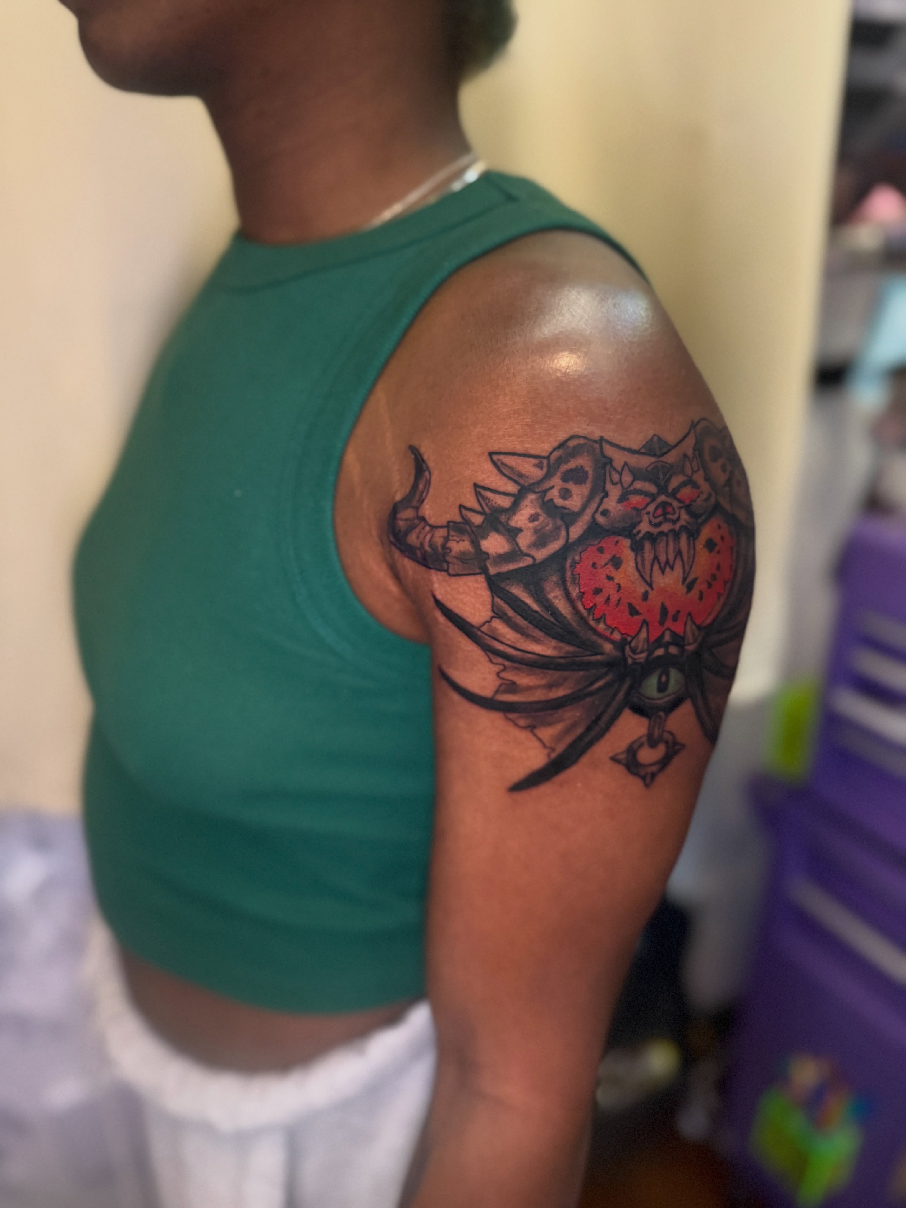 Butterfly and skull neo-traditional tattoo on the shoulder by ❈°binx°❈