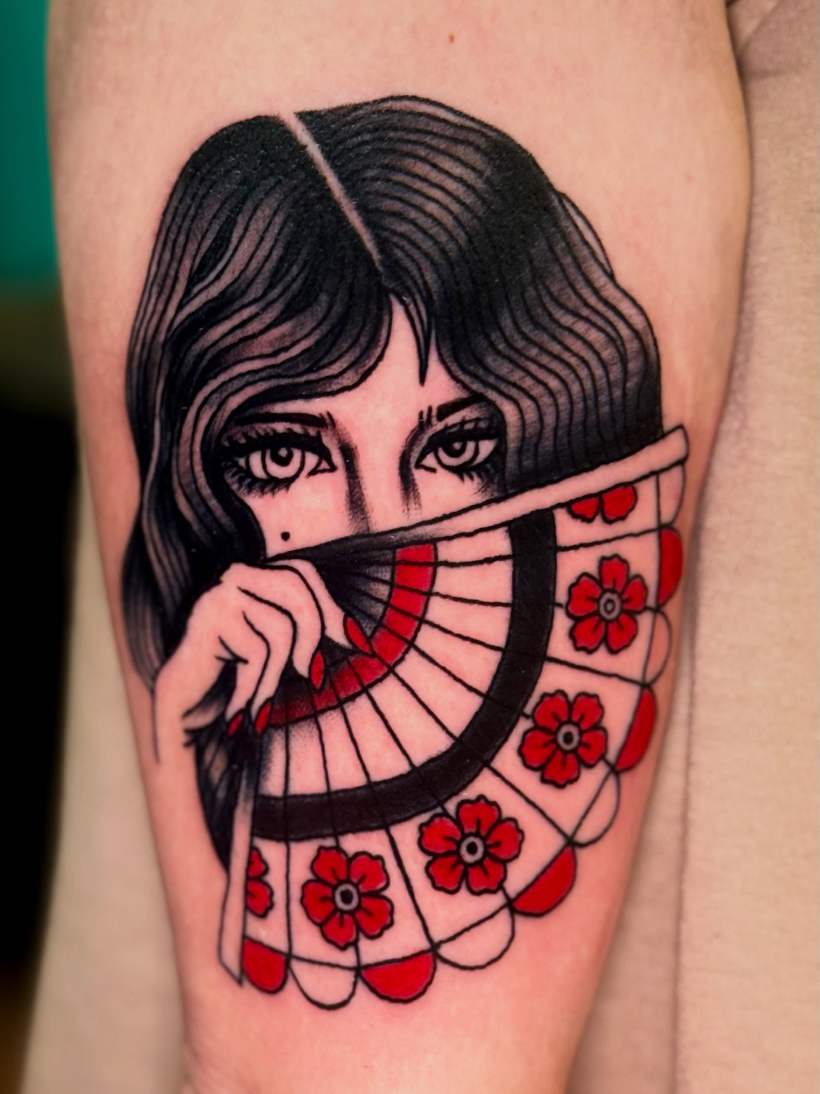 Woman with fan American traditional tattoo on the forearm by π Erin Stephens π€